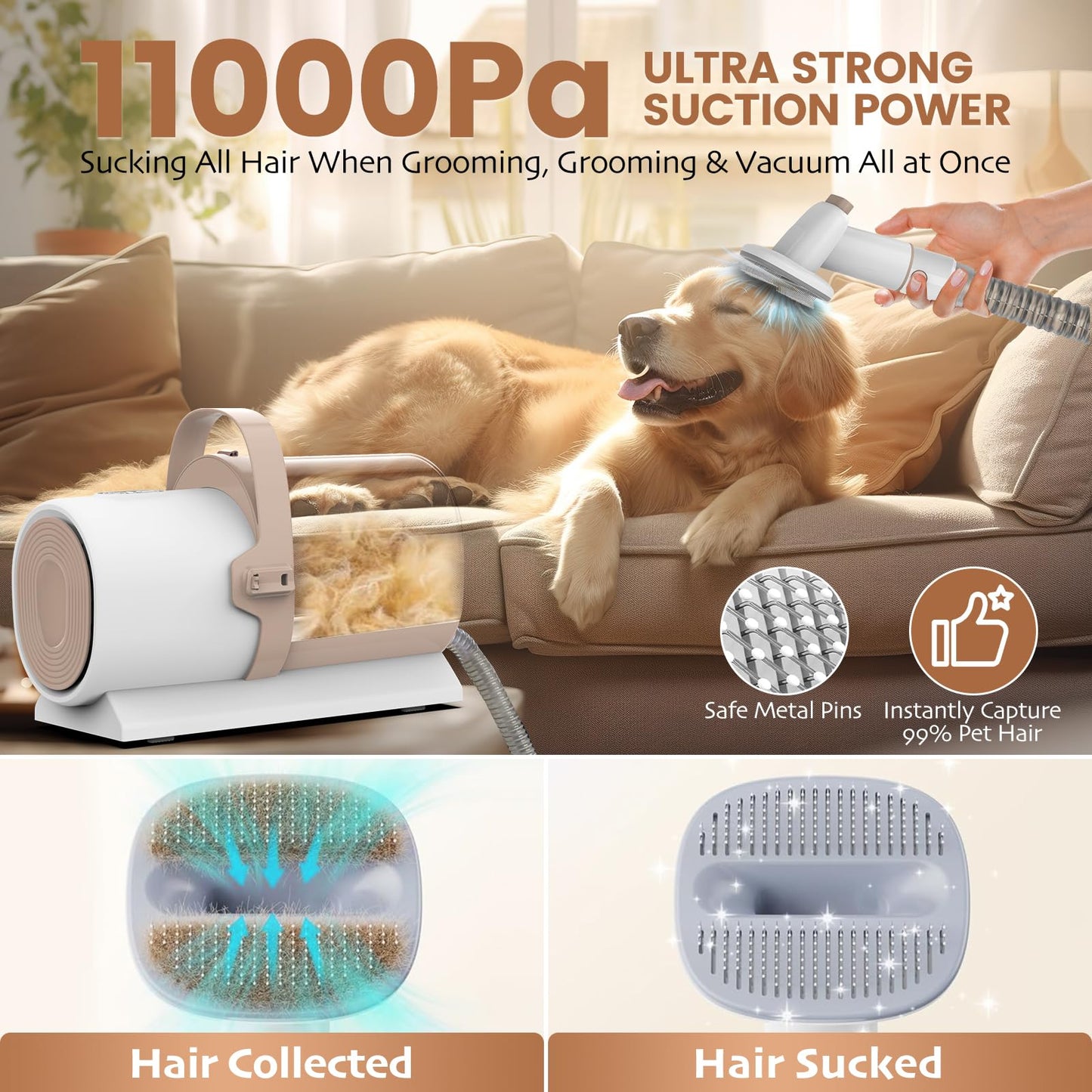 Dog Grooming Vacuum, Pet Grooming Kit with Dog Clippers, 2.5L Dust Cup 11000Pa Dogs Vacuum for Shedding Grooming, 5 Grooming Tools Home Cleaning in 1, Low Noise Pet Grooming Vacuum for Dogs, PG50