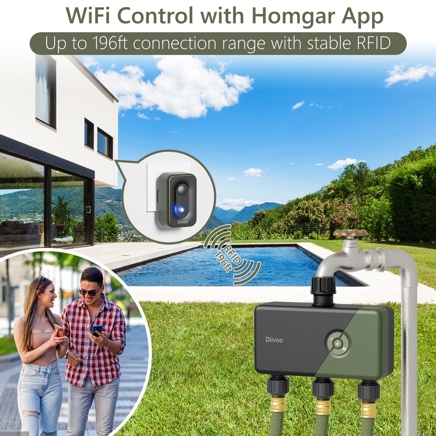 Diivoo WiFi Sprinkler Timer 3 Zone, Smart Water Hose Timer Compatible with Alexa and Google, Remote Control Irrigation, Automatic Manual Watering, Rain Delay, for Garden, Yards and Lawns (2.4Ghz Only)