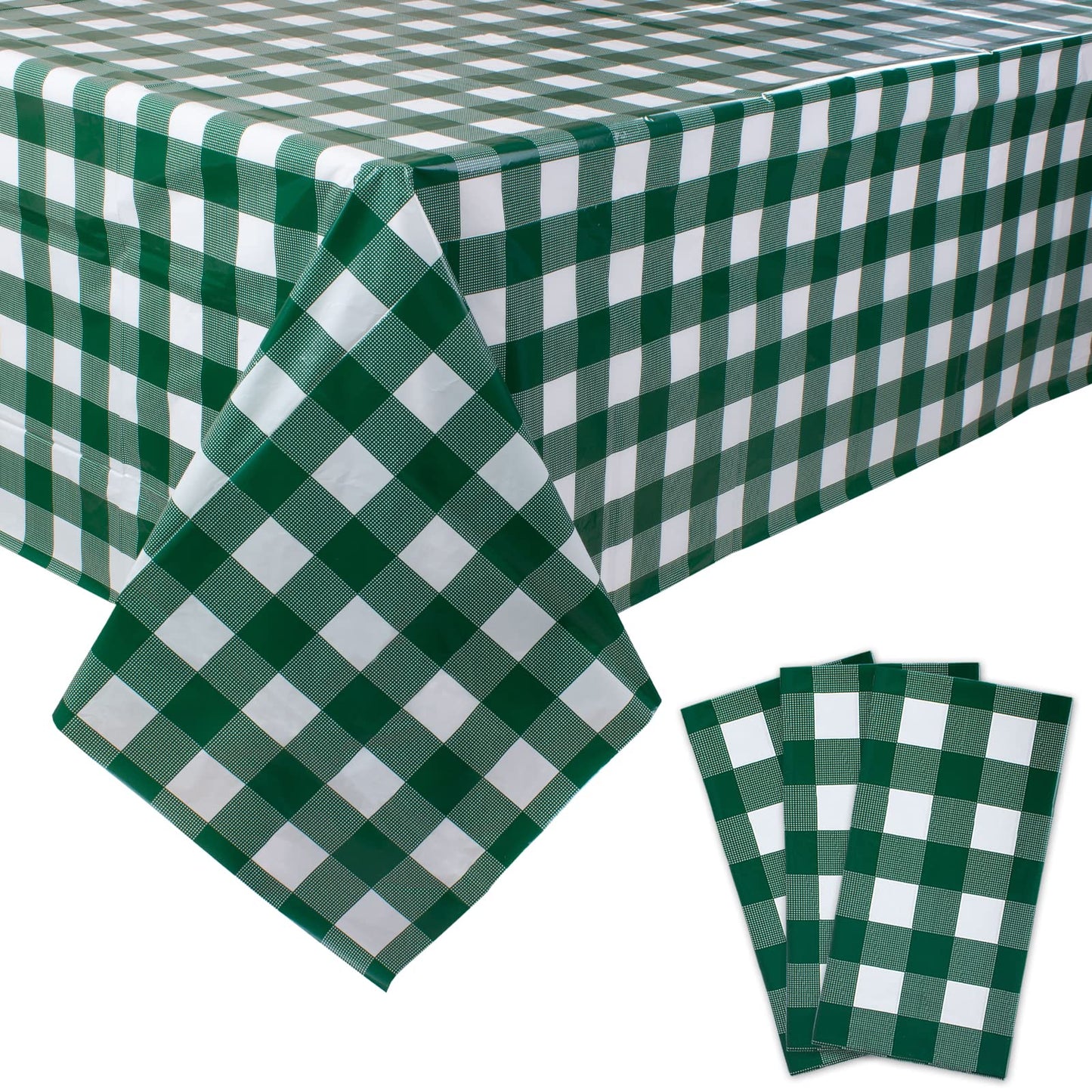 Kesfey 3 Packs Green and White Checkered Tablecloths 54 x 108 Inches Disposable Plastic Gingham Tablecovers Waterproof Rectangle Picnic Party Table Covers for Birthday Party Supplies Christmas
