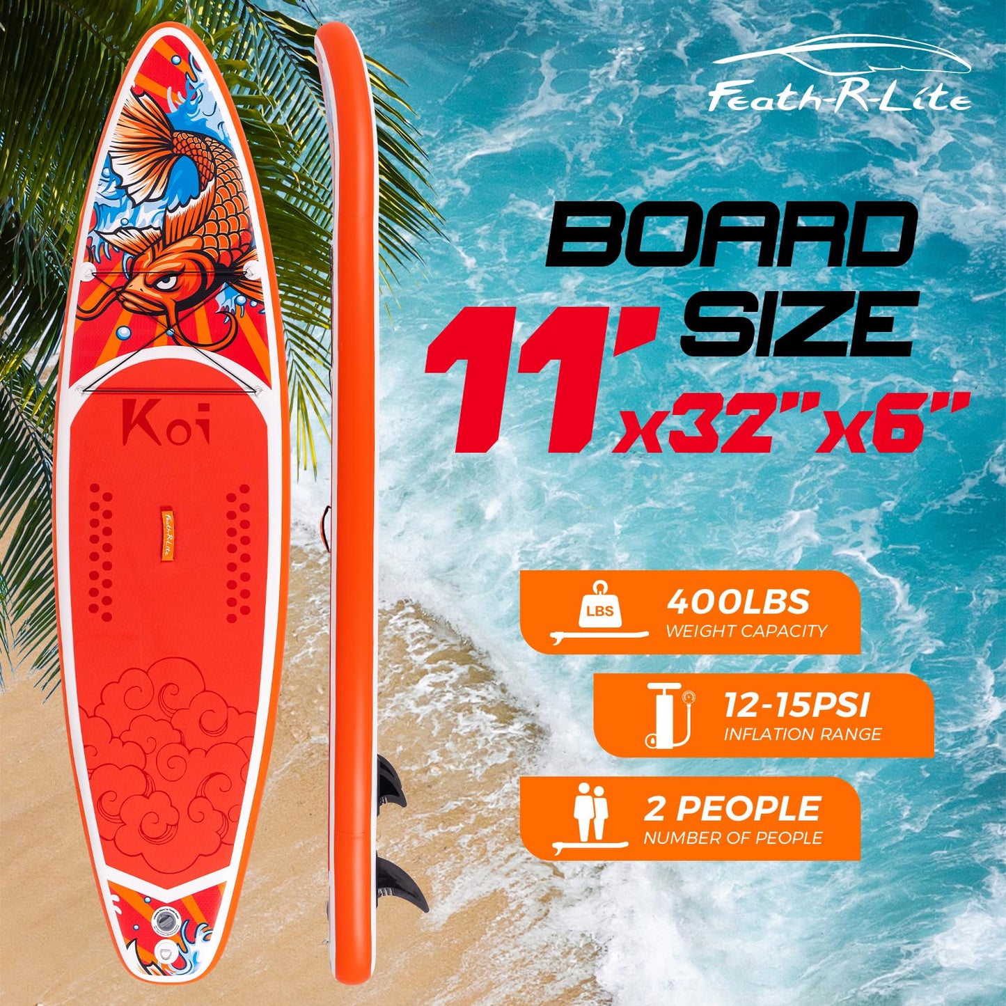 FEATH-R-LITE Inflatable Paddle Board Stand Up Paddleboards for Adults SUP with Premium Accessories Pump, Adjustable Paddle, Leash, Three Fins, Backpack (Red Koi)