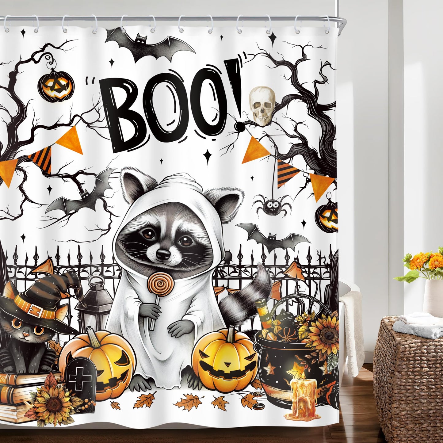 Riyidecor Funny Raccoon Halloween Shower Curtain Cute Pumpkin Sunflower Ghost Spooky Bat Black Cat Animal Leaves 60Wx72H Inch Tree Fence Cool Fabric Decor Bathroom Polyester Waterproof 12 Pack Hooks