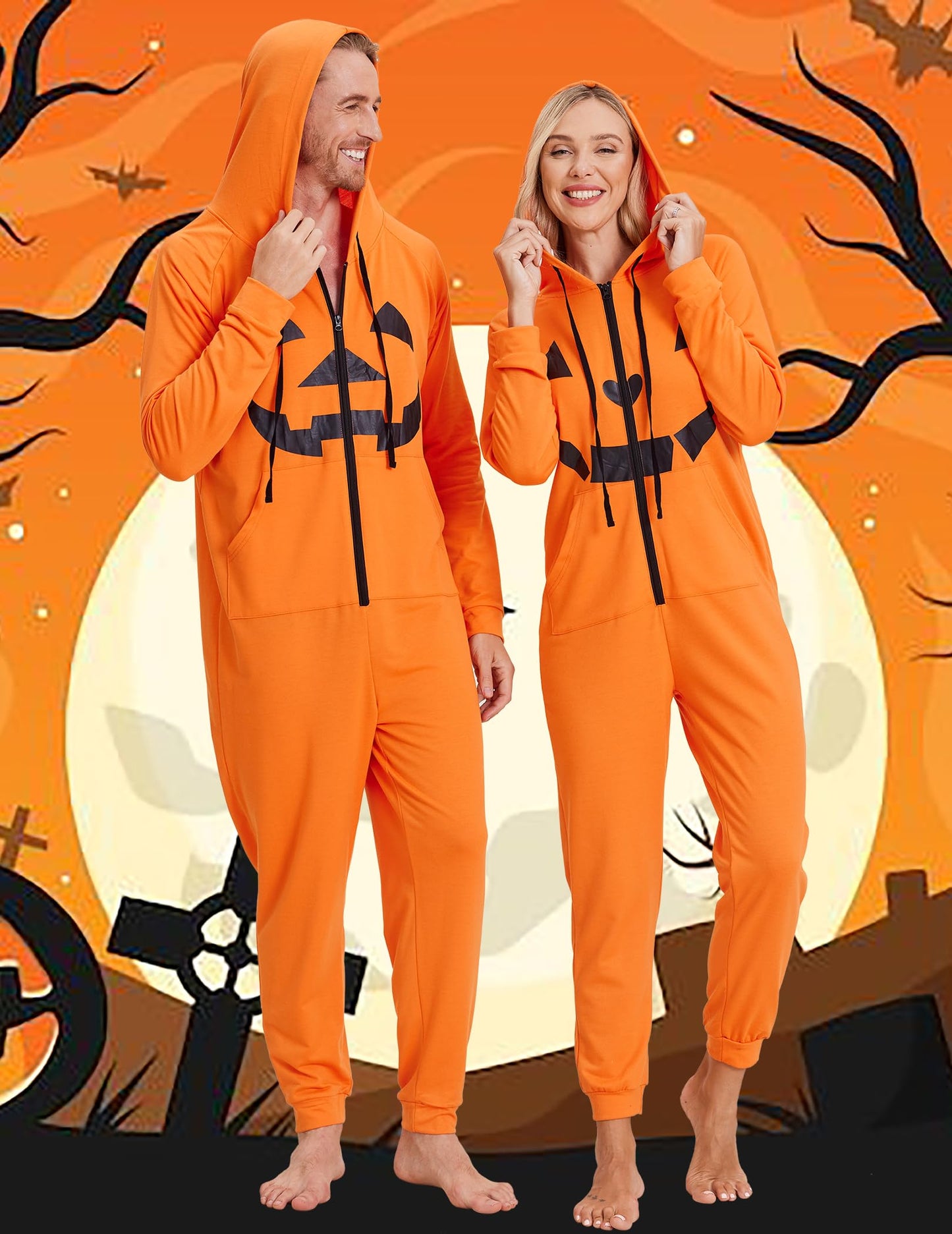Ekouaer Halloween Onesie Adult Matching Onesie for Couples Halloween Festive One Piece Zipper Jumpsuit (Pumpkin,Large)