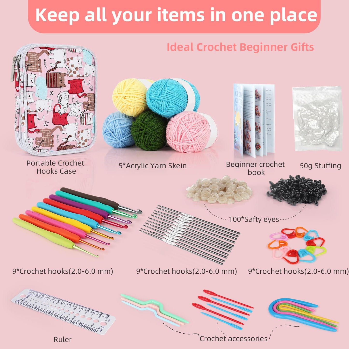 Katech Beginner Yarn for Crocheting and Knitting-Crochet Kit for Beginners Adults Kids Professionals-Crocheting Animals Kits-Includes 382 Yards Cotton Yarn Balls, Hooks, Accessories, Tutorials