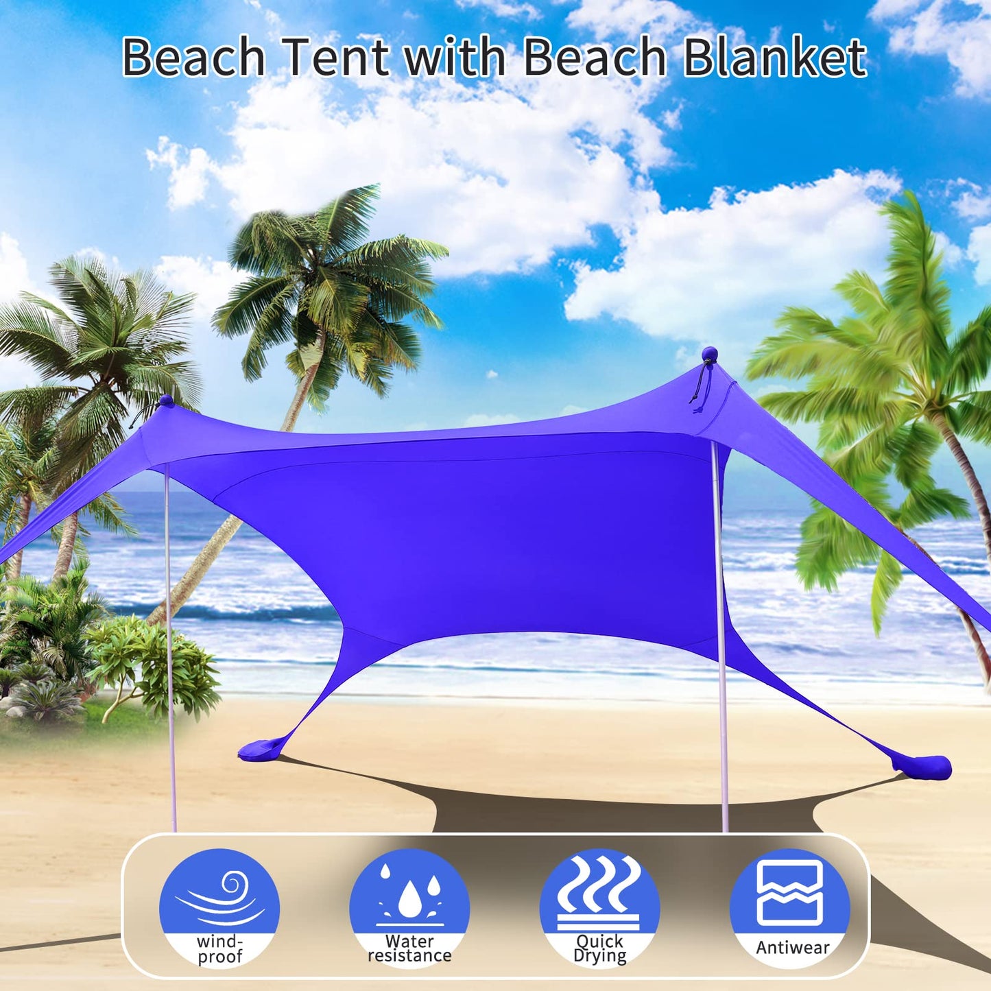 CUUPO 77 FT Beach Tent Sun Shelter UPF50+ UV Protection, Outdoor Canopy Tent Sun Shade with 2 Poles for Camping, Fishing, Backyard and Picnics with Sandproof Beach Blanket Royal Blue