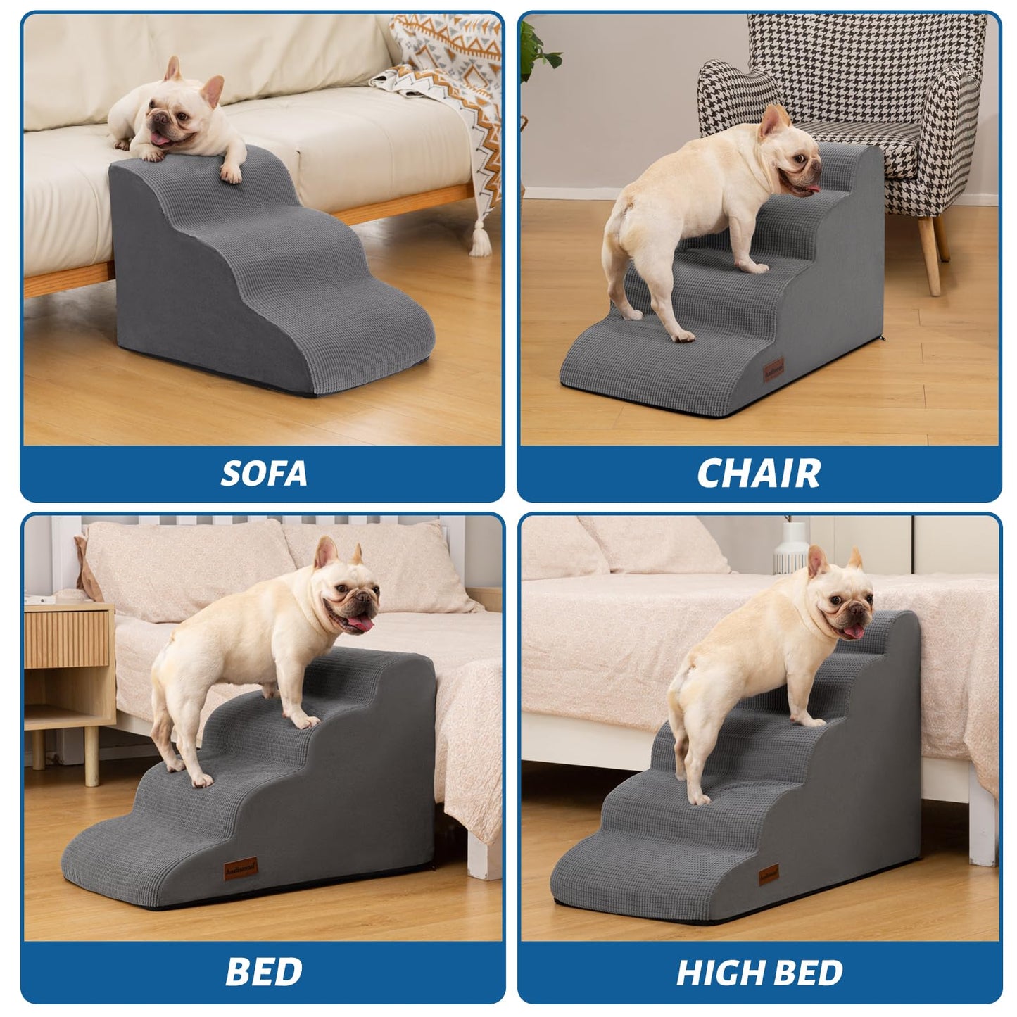 Aodisman 3-Step Dog Ramp and Stairs for Sofa and Chair - Non-Slip Sturdy Pet Steps for Small Dogs and Cats,15.7" H,Grey