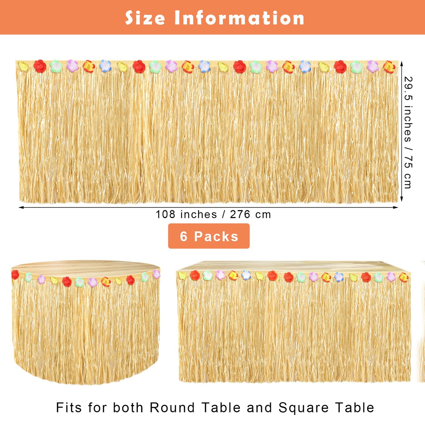 Fovths 6 Pack Luau Grass Table Skirt Natural 9 Feet x 29.5 Inch Hawaiian Table Skirt for Tropical Hawaiian Party Decorations Luau Party Costume Party, Straw Yellow