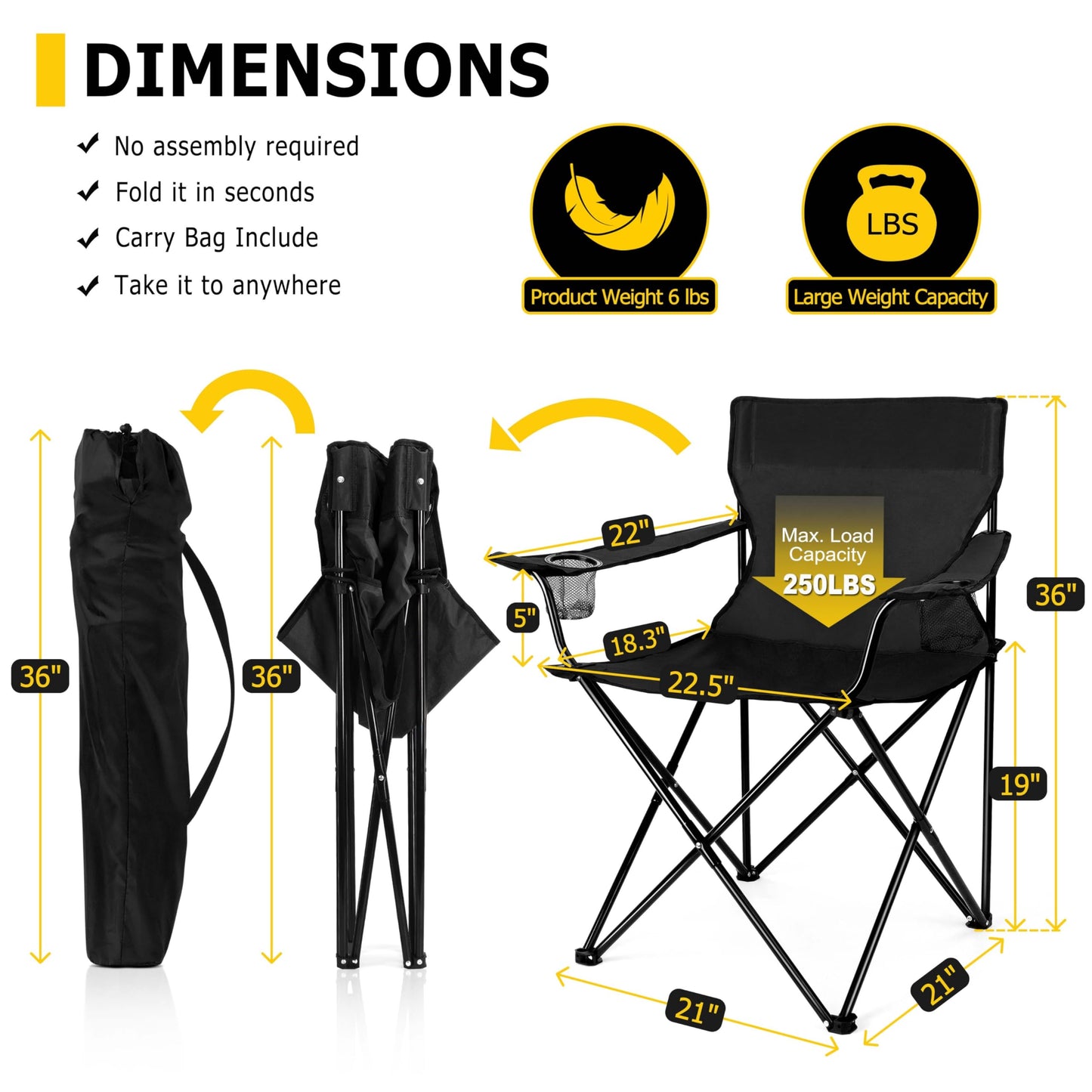 Joyfair Portable Camping Chair, Outdoor Lawn Folding Chairs for Adults, Heavy Duty Large Foldable Chairs for Beach, Fishing, Tailgating and More Outdoor Sport, Carry Bag & Cup Holder (2, Black)