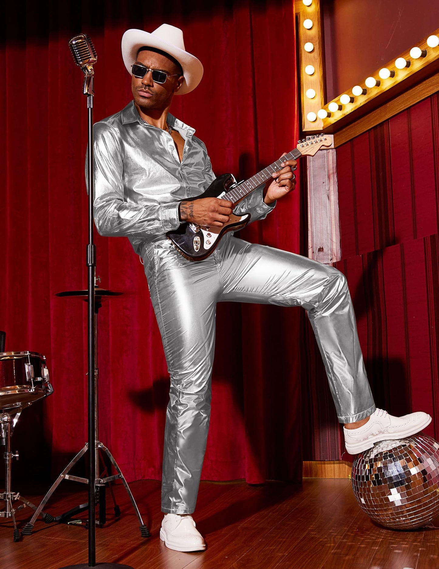 COOFANDY Men's Shiny Silver Pants Disco Night Club Pants 70s 80s 90s Party Dance Pant Straight Leg Trousers