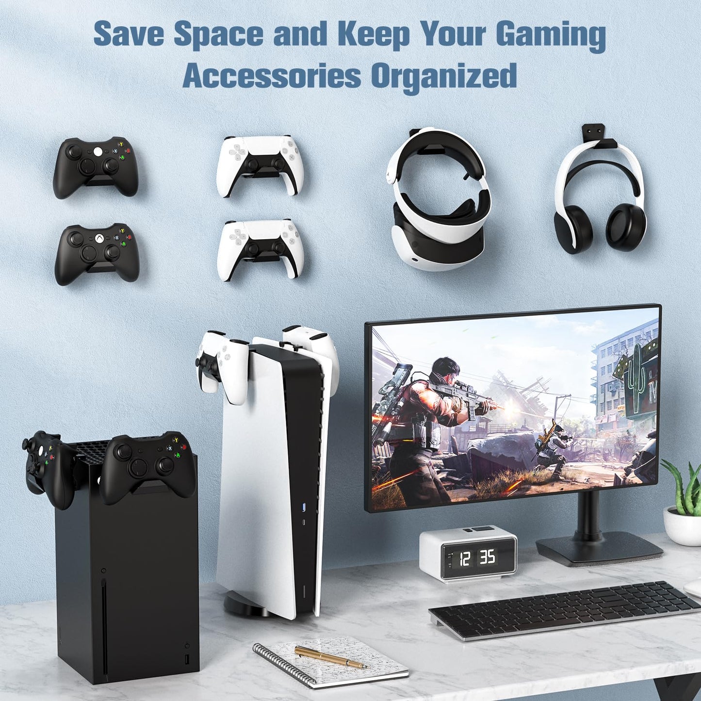 KUNSLUCK 6 Pack Controller Wall Mount – Universal Game Controller Holder for PS5, Xbox, Switch – Adhesive or Screw Installation – Headset & Controller Storage Hook (Black)