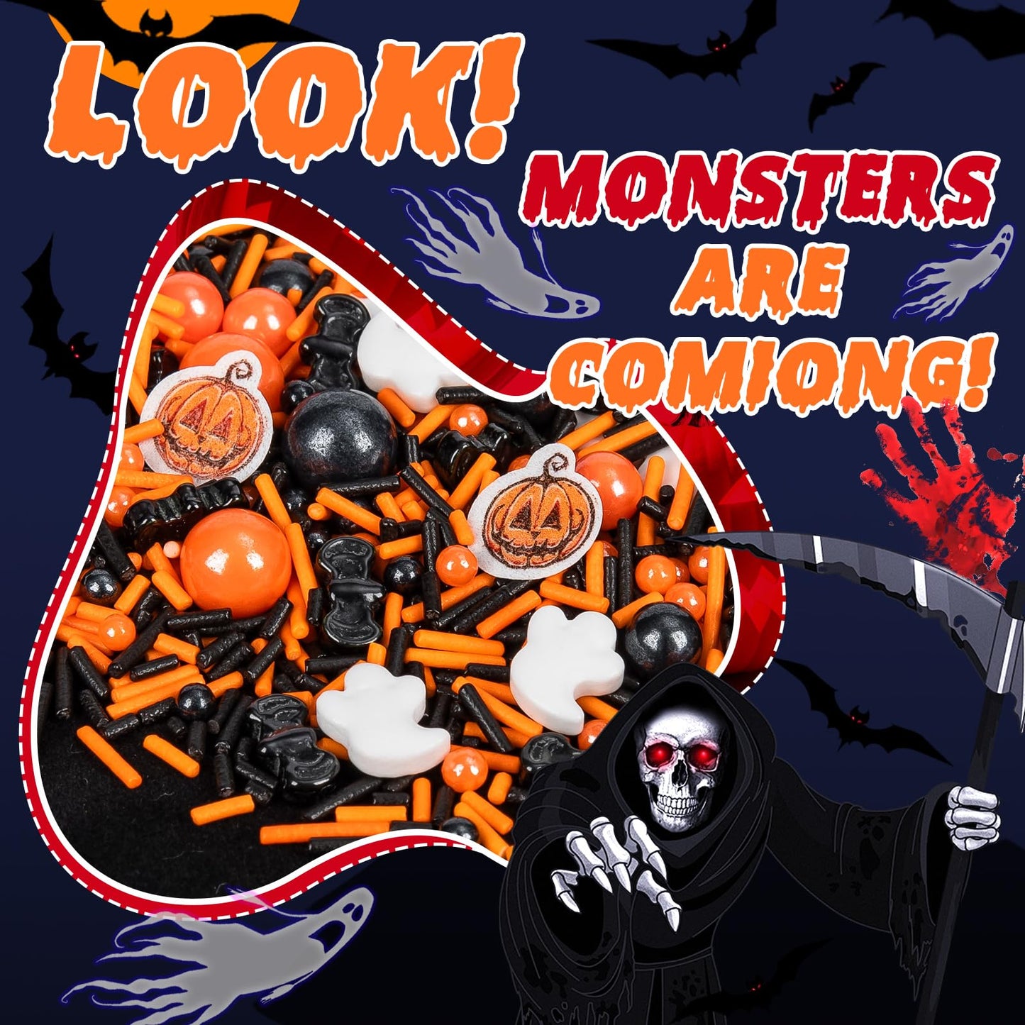 Edible Halloween Pumpkin Sprinkles,Orange Pearls Mix White Ghost,130g/4.58oz,Black Bat Monster,Pearls and Jimmies Mixed,Perfect for Cake Decorations, Baking, Ice Cream, Cookies, Cupcake Topper,Halloween Thanksgiving Children's Party Supplies