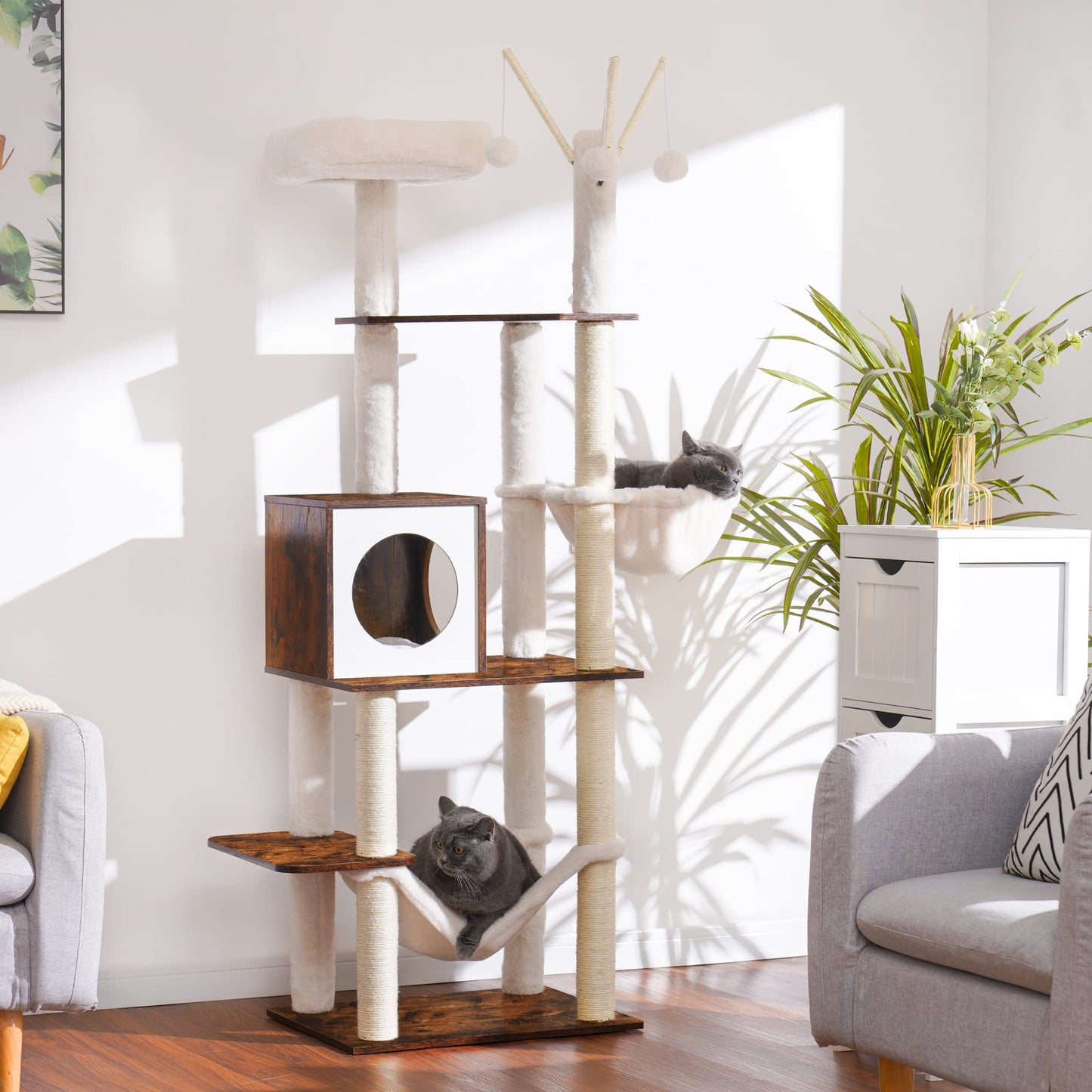 Hey-brother Wooden Cat Tree, 66.1“ Cat Furniture with Scratching Posts, Modern Cat Tower with hammocks, Toys, cat condo, Rustic Brown MPJ120SR