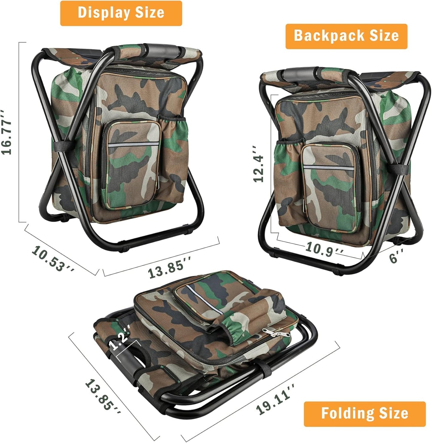 Kikerike Folding Stool Backpack Insulated Cooler Bag, Collapsible Camping Hunting Fishing Multifunction Chair with Front Pocket and Bottle Pocket for Outdoor Events, Hiking, Travel, Beach
