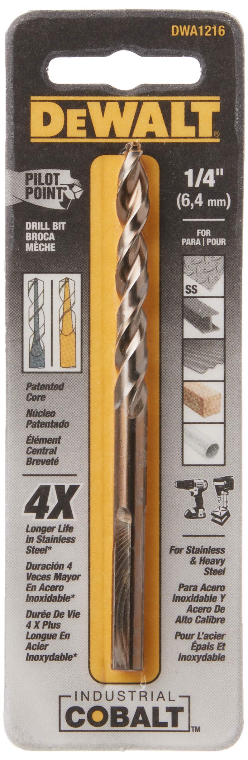 DEWALT Drill Bit, Pilot Point, Industrial Cobalt Alloy Steel, 1/4-Inch (DWA1216)