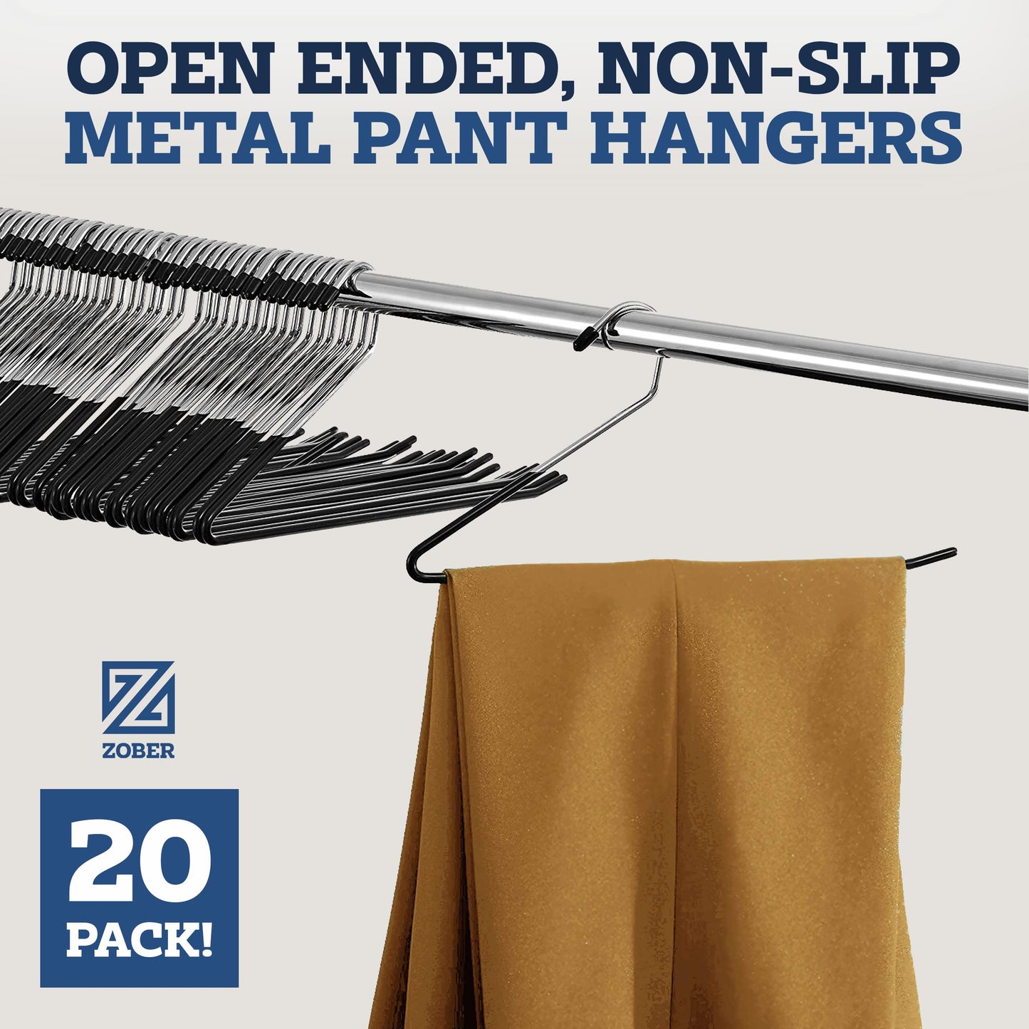 Zober Pants Hangers Non Slip - 20 Pack Open Ended Pants and Jean Hangers for Closet - Space Saving Clothes Hanger - Strong, Durable, Metal Pant Hangers (Black)