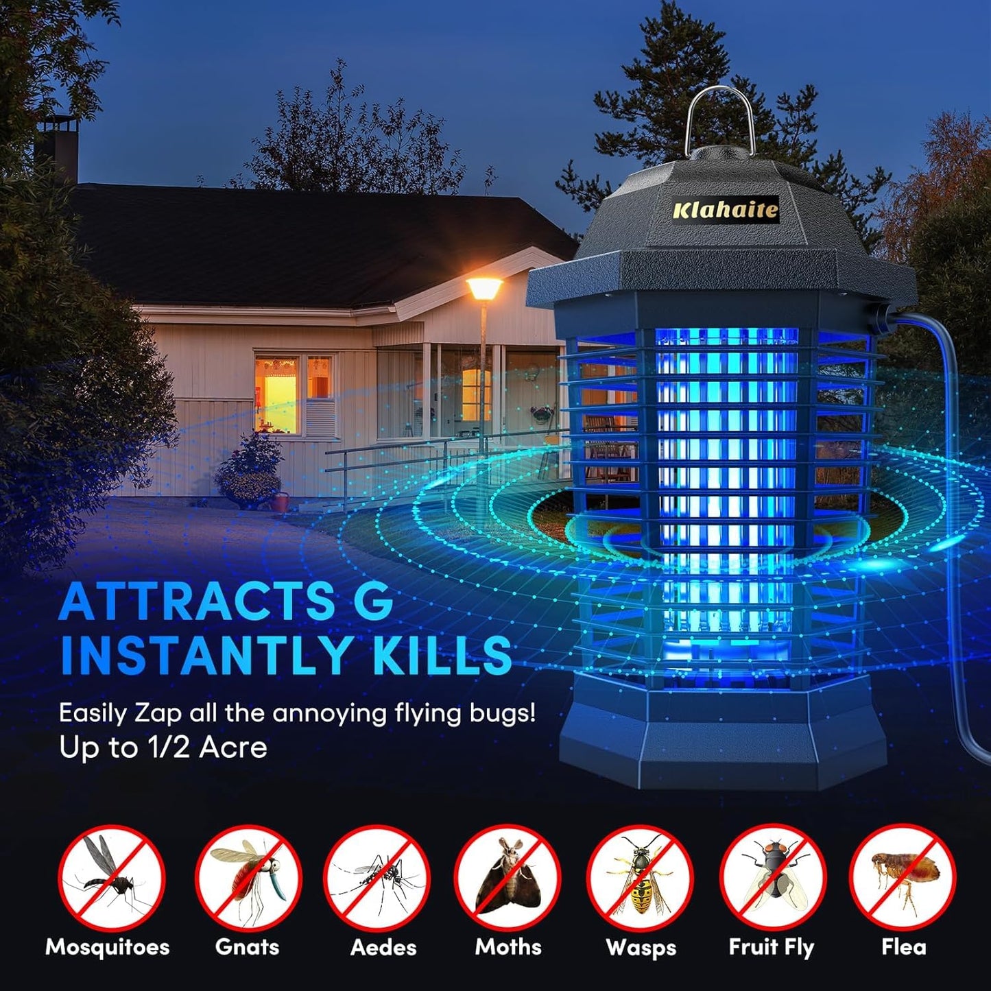 Klahaite Bug Zapper Outdoor, Mosquito Zapper, Fly Traps Fly Zapper,Mosquito Repellent Outdoor Patio and Backyard Covers 1/2 Acre, 4200V Powerful Grid, ABS Fireproof Plastic Outer