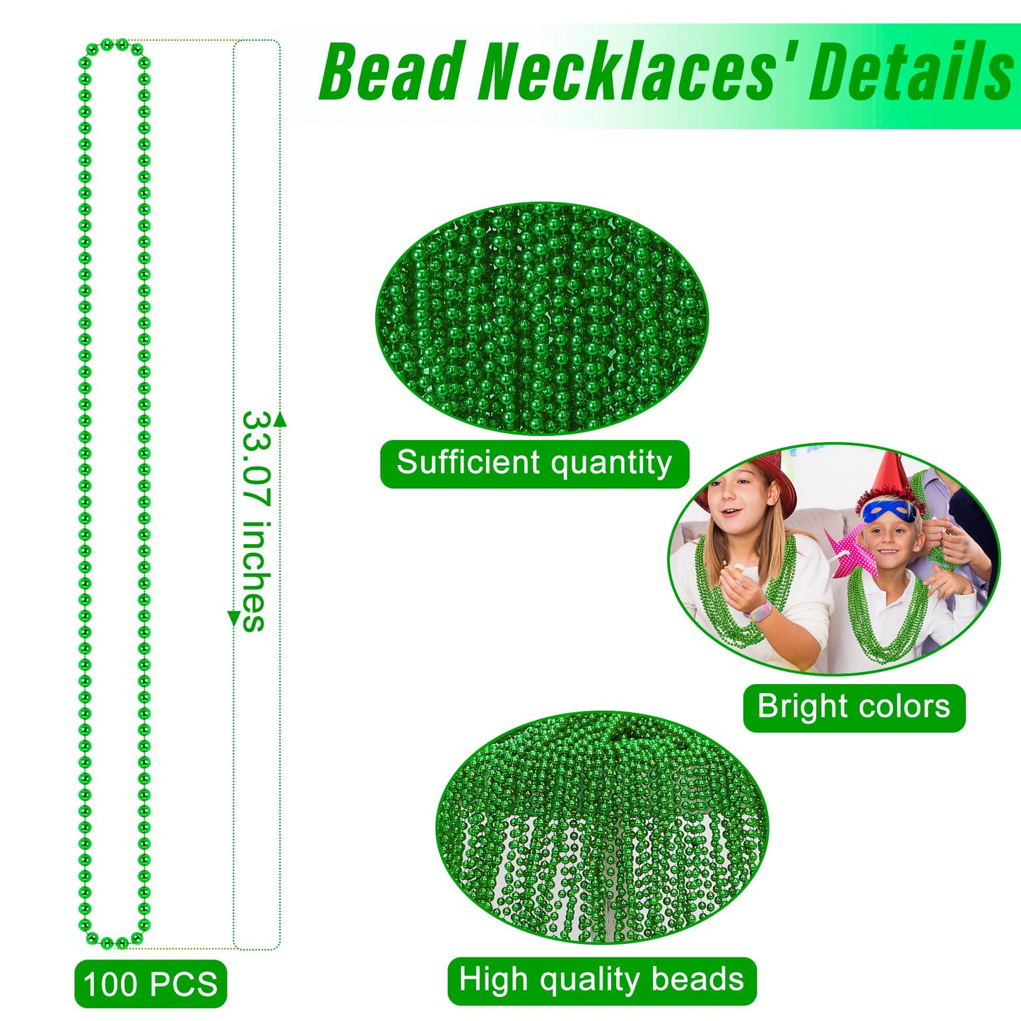 100PCS St Patricks Day Accessories, Green St. Patricks Day Beads Necklace, 33" Round Beads Irish Saint Patricks Necklaces Costume Bulk, Parade Throw Accessories for Wedding Birthday St. Patricks Decor
