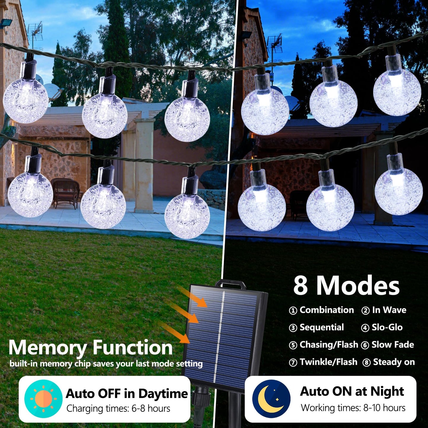 Joomer Solar String Lights Outdoor, 65FT 100LED Solar Globe String Lights 8 Lighting Modes, Waterproof Solar Powered Patio Light for Garden Yard Porch Wedding Party Outdoor Decoration (White)