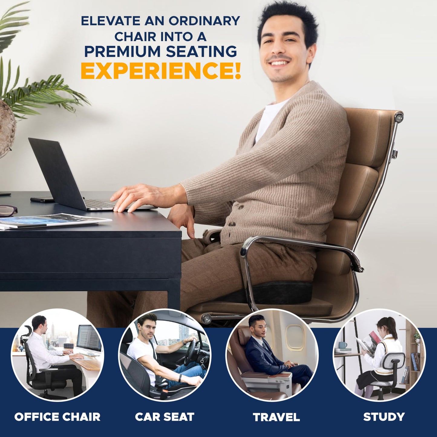 EcoNour Gel Seat Cushion – Office Chair Cushions for Sciatica & Tailbone Pain Relief – Coccyx Memory Foam Desk Chair Support & Car Seat Cushion – Back Pain Relief Pillow for Long Sitting