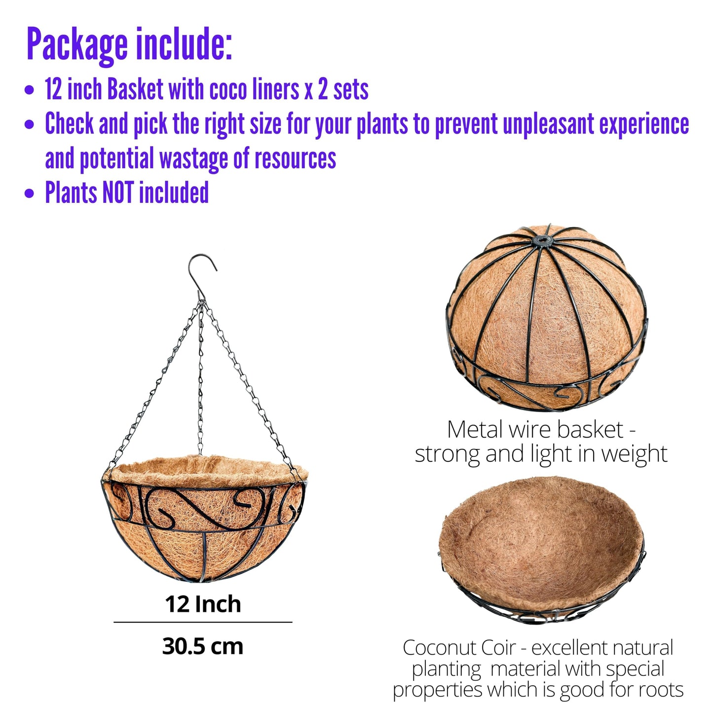 LaLaGreen Hanging Planter for Outdoor Plants (12 Inch, 2 Pack) Hanging Baskets with Coco Liner, Black Metal Wire Flower Basket Pots with Hook Hanger Balcony Porch Farmhouse Country Style Garden Decor