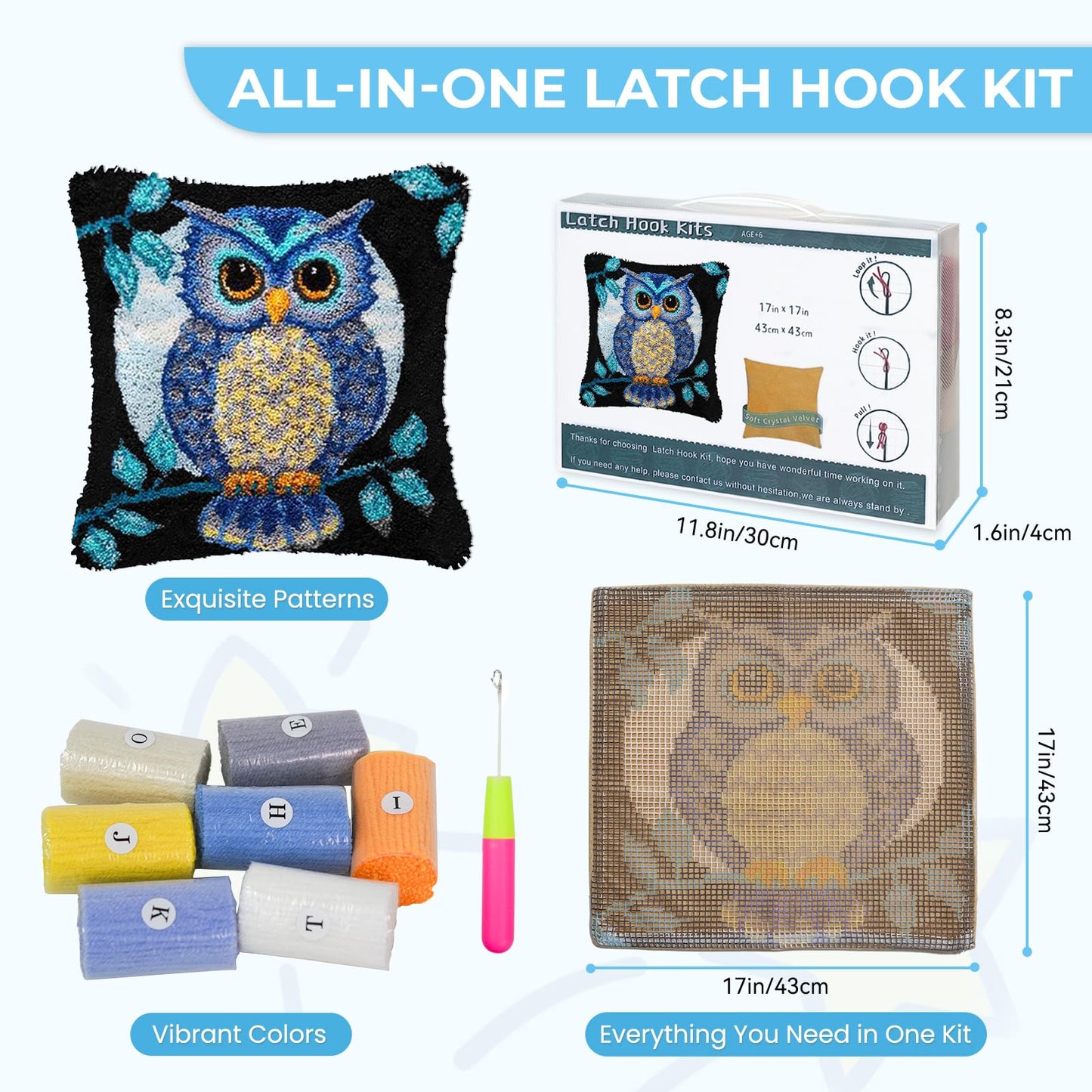 EsLuker.ly Full Moon Owl Latch Hook Pillow Kit for Adults Beginners, DIY Throw Pillow Cushion Cover Making Set with Pre-Printed Canvas & Crochet Yarn, Creative Latch Hook Craft Kits for Home Decor