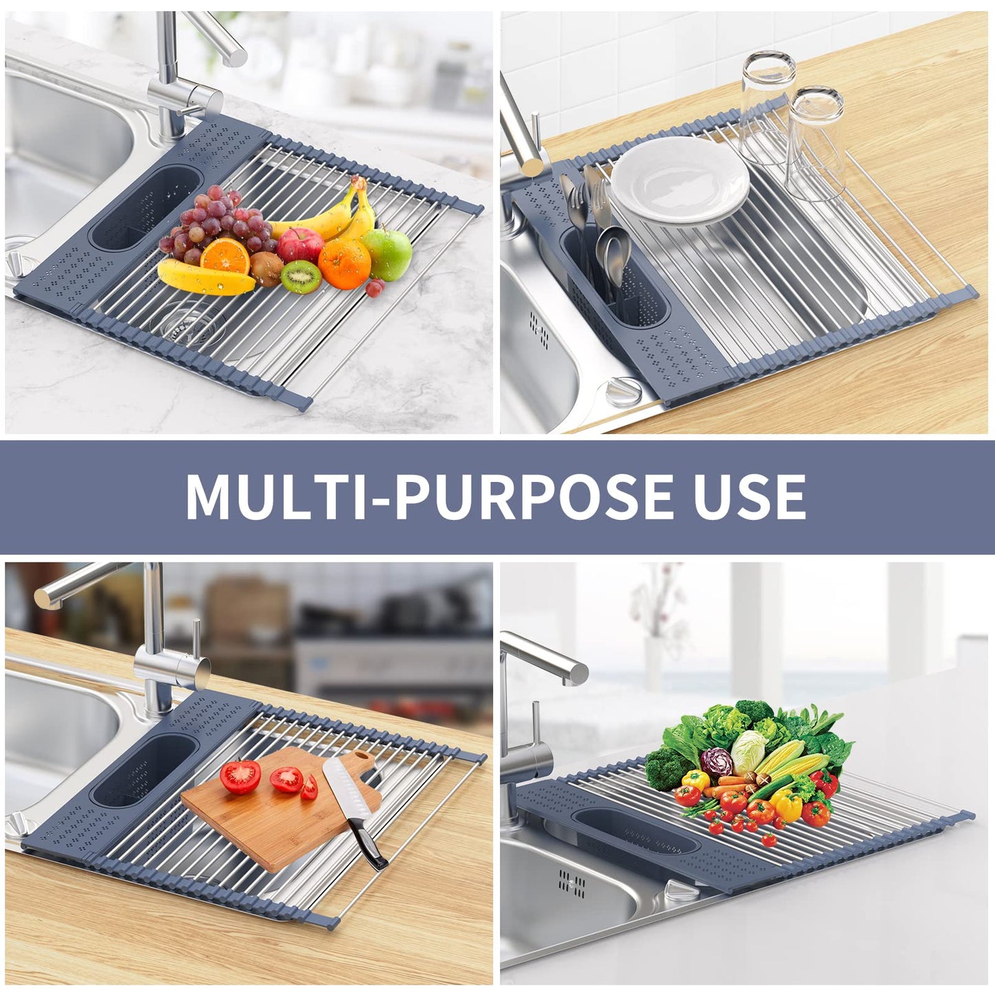LEMIKKLE Roll Up Dish Drying Rack 17.5" x 15.2" Over The Sink Dish Drying Rack, Multi-Purpose Kitchen Rolling Dish Drainer Foldable SUS 304 Stainless Steel Dish Drying Rack