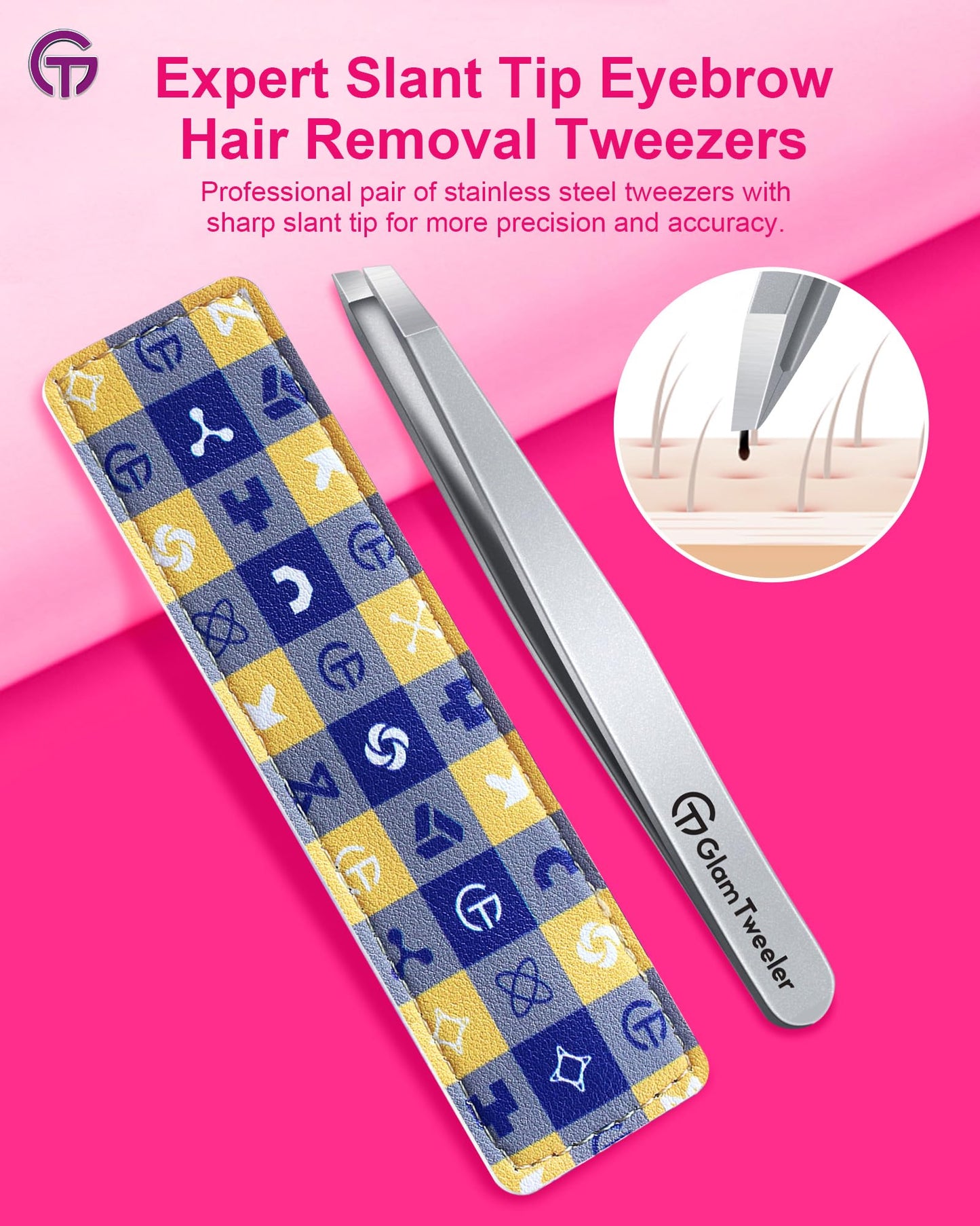 Expert Slant Tip Tweezers with Leather Case, GlamTweeler Sharp & Precision Stainless Steel Tweezer for Eyebrows, Facial Hair and Fine Hairs Removal (Silver)