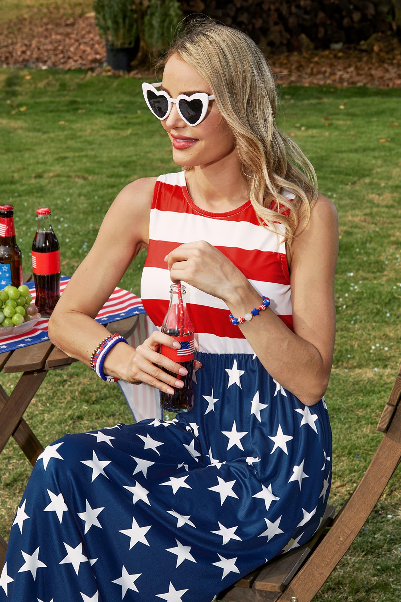 4th of July Stars and Stripes Sundress Patriotic Casual Sleeveless Maxi Dress American Flag M