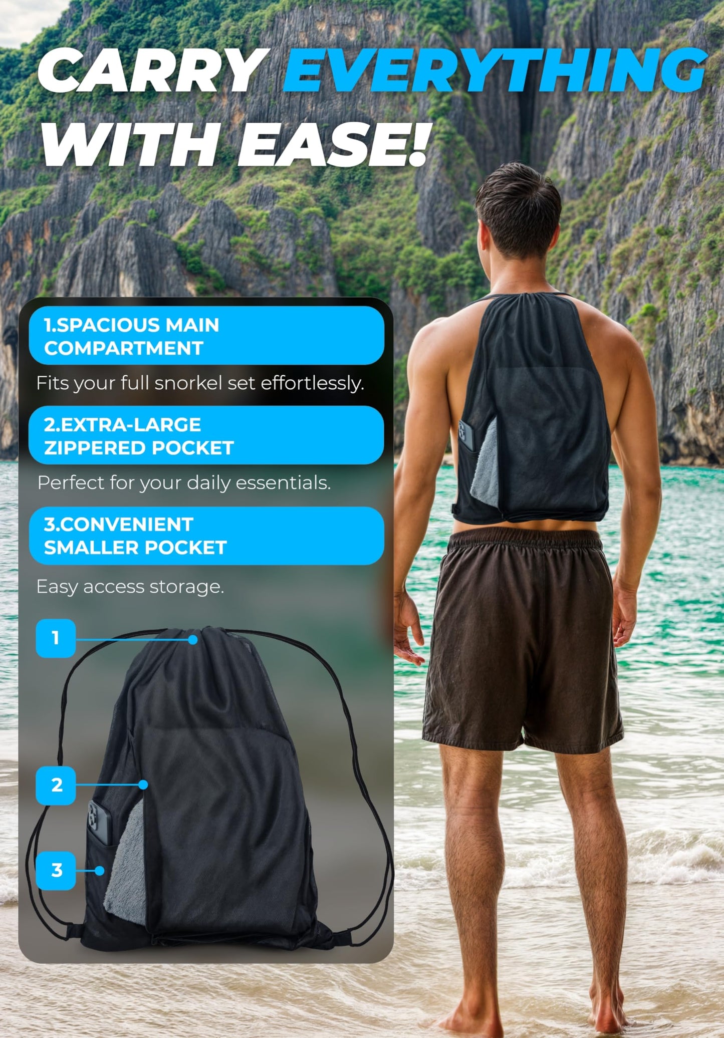 COZIA DESIGN Snorkeling Gear for Adults - Full Face Snorkel Mask and Swim Fins, 180° Panoramic View Snorkel Mask, Anti Fog and Anti Leak Adult Snorkel Set (Blue, Mask M - Fins M)