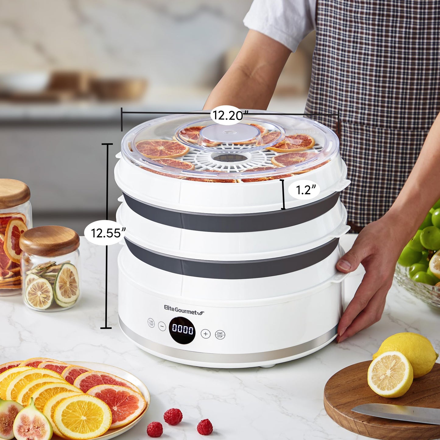 Elite Gourmet EFD329WD Digital Food Dehydrator with 5 BPA Free SlimStore™ Collapsible Trays for Compact Storage, Adjustable Timer and Temperature Controls, Jerky, Herbs, Fruit, Veggies, Snacks, White