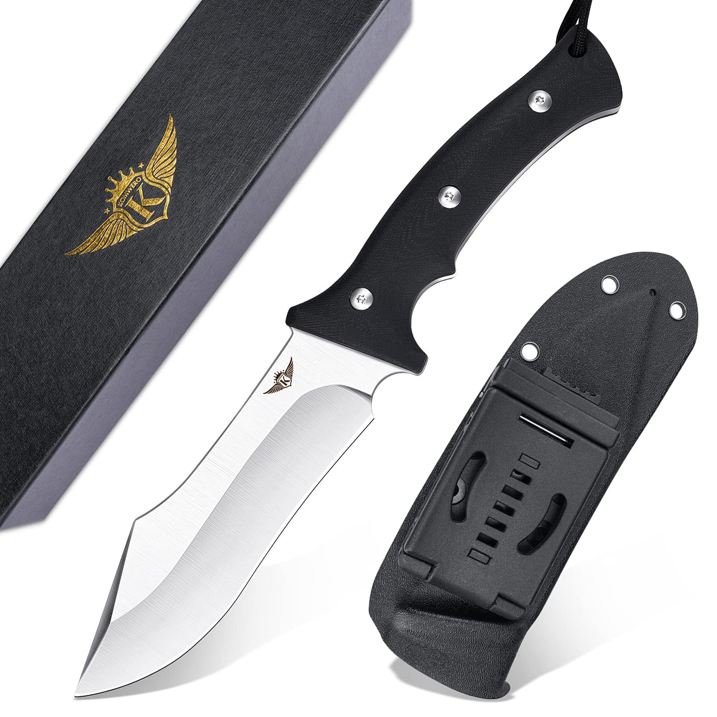 KOMWERO Fixed Blade Camping Knife with Kydex Sheath, D2 Steel Flat Grind Blade Full Tang Knife, Black Non-slip G10 Handle for Hunting Outdoor Survival