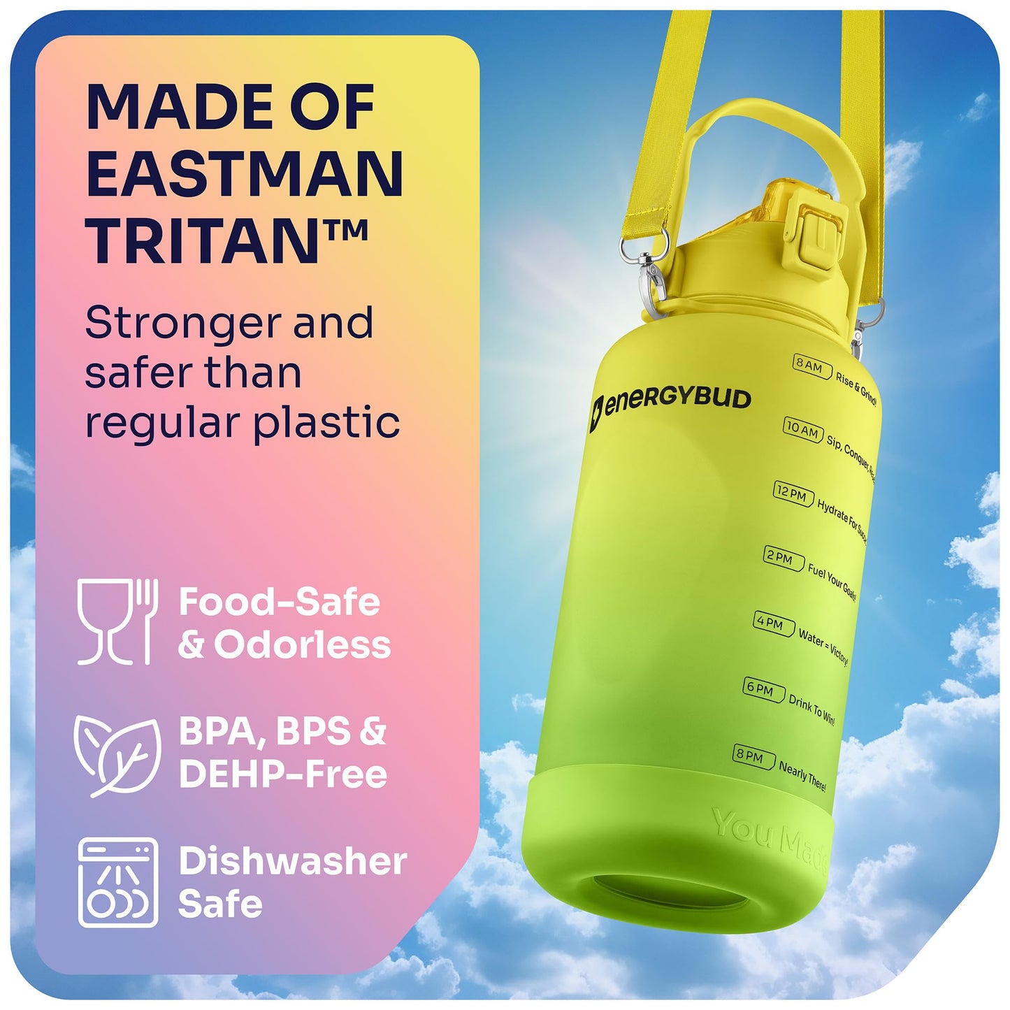 EnergyBud 1 Gallon Water Bottle Removable Straw And Handle Dishwasher-Safe BPS & BPA & DEHP Free +2 Brushes Big/Large Bottle With Time Markers Wide Mouth Leakproof 128 oz Jug (Yellow & Green)