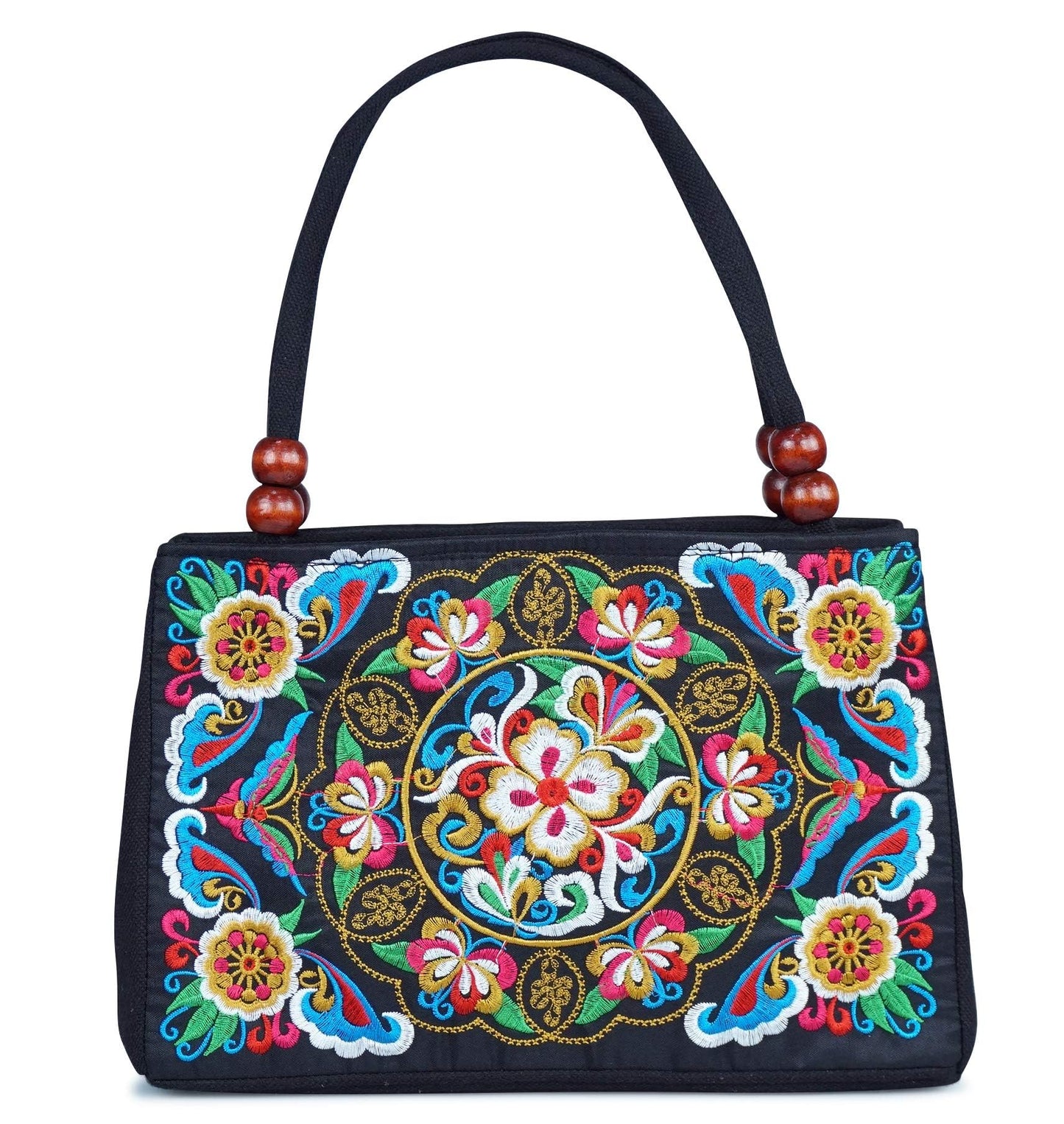 Jursccu Double-Sided Embroidery Totes Bag Travel Beach Bag Vintage Embroidery Ethnic Shoulder Bags