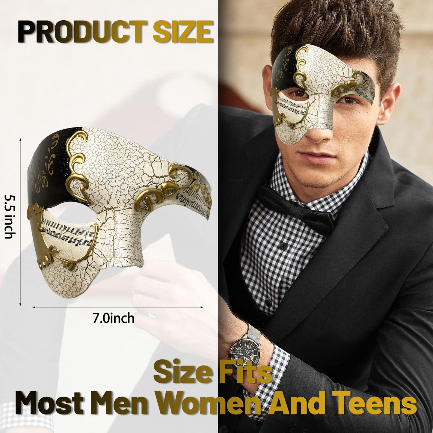 IncreDecor Masquerade Mask for Men Phantom of The Opera Half Face Mask with Bowtie, Venetian Masks for Halloween Party (Black)