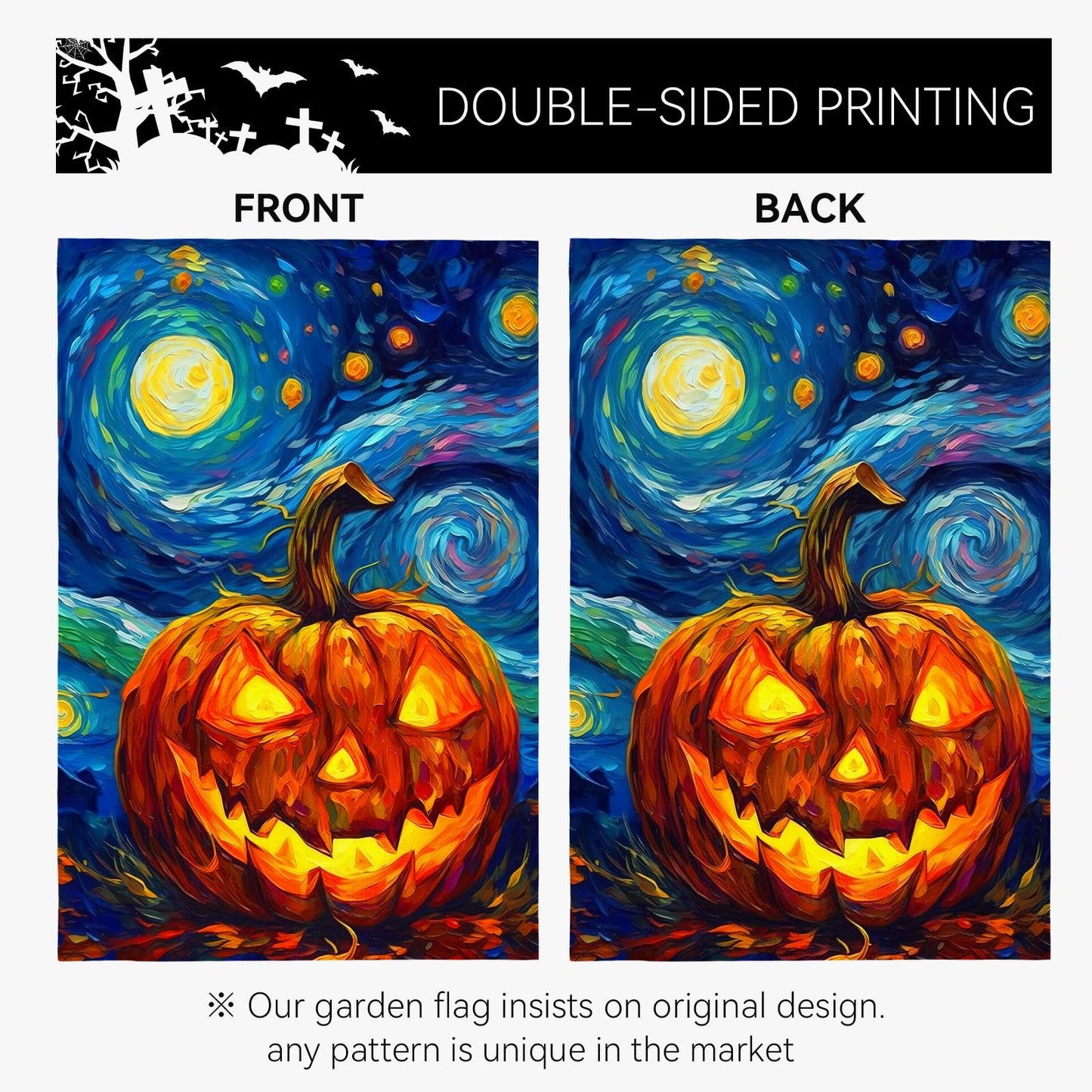 Dacawin Halloween Garden Flag Pumpkin Garden Flag Van Gogh Garden Flags Arts Starry Night Sky Moon Yard Flag Double Sided Fall Porch Patio Farmhouse Outdoor Yard Decorative 12 x 18 Inch