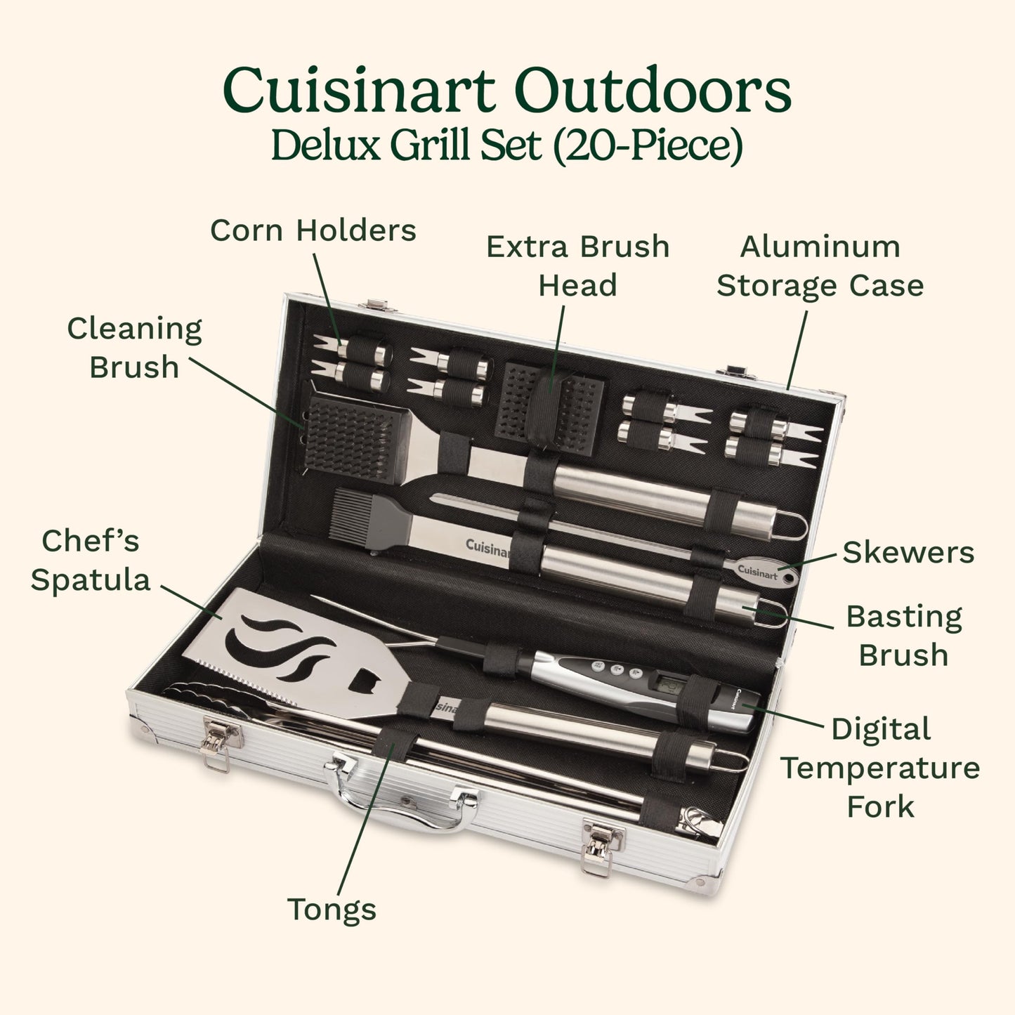 Cuisinart Deluxe Grill Tool Set, 20-Piece BBQ Tools Grill Accessories with Aluminum Case & Digital Temperature Fork, Stainless Steel Spatula, Tongs, Grill Accessories & Utensils, Grilling Set for BBQ