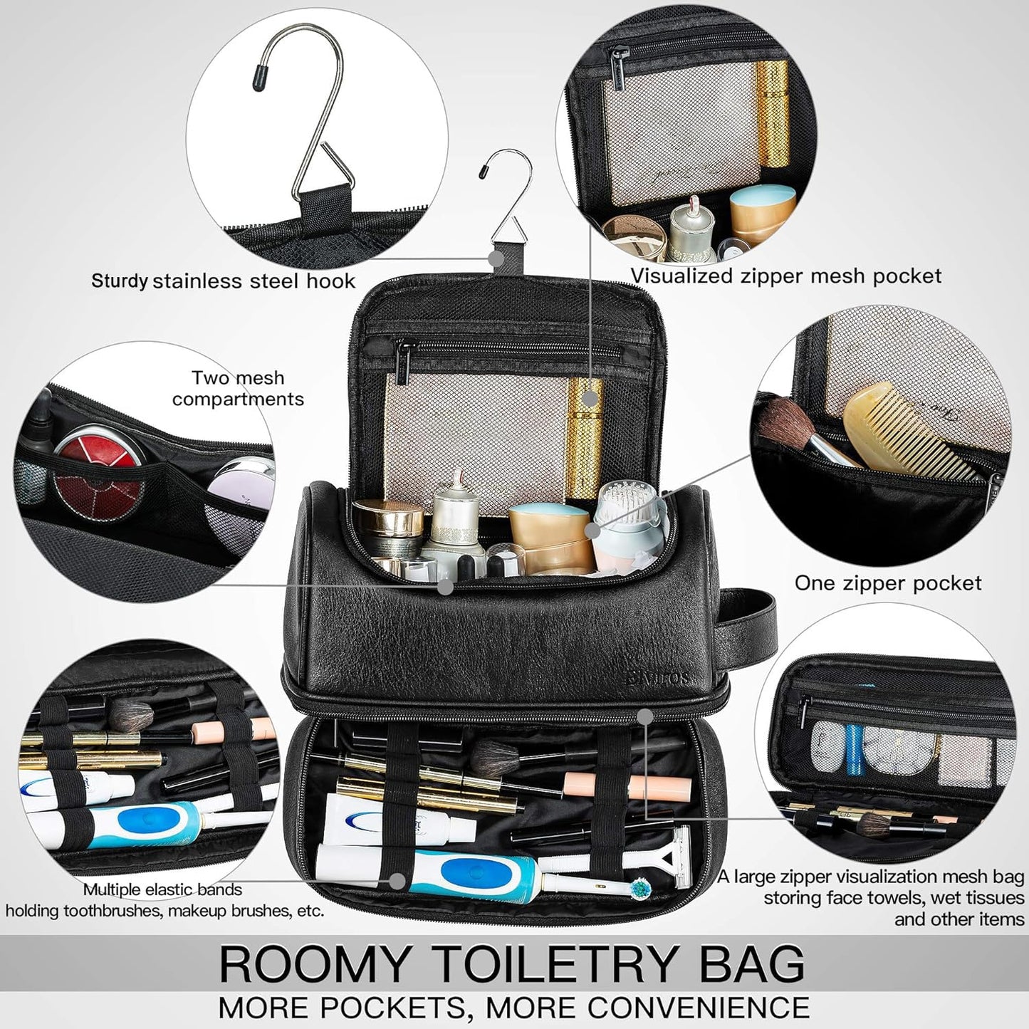 Elviros Toiletry Bag for Mens PU Leather Travel Organizer Kit with Hanging hook, Large Water-resistant Toiletries Bathroom Shaving Bags (Black)