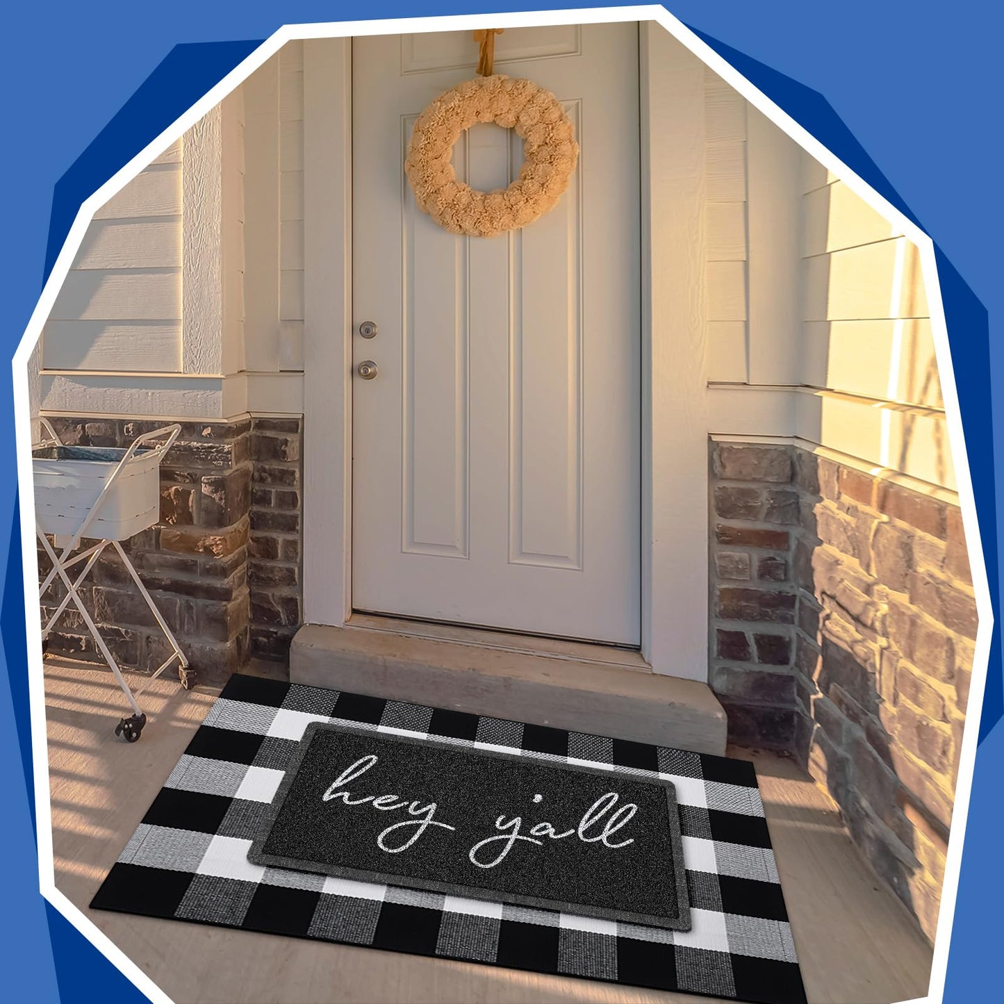 Geelin 2 Pcs Hey Y'all Welcome Mat 30'' x 18" and 43'' x 27.5'' Black White Buffalo Plaid Checkered Rug Layered Front Door Mat for Indoor Outdoor Entrance Home Coir Doormats Decor