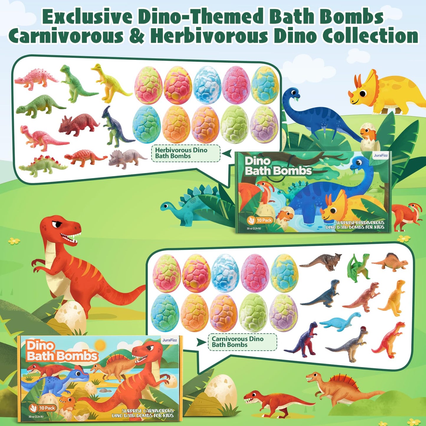 JuraFizz Dinosaur Bath Bombs for Kids with Surprise Inside, 20 Pack Natural Dino Egg Bath Bombs with Exclusive Carnivorous & Herbivorous Dinosaur Toys, Birthday Party Favors for Boys, Girls