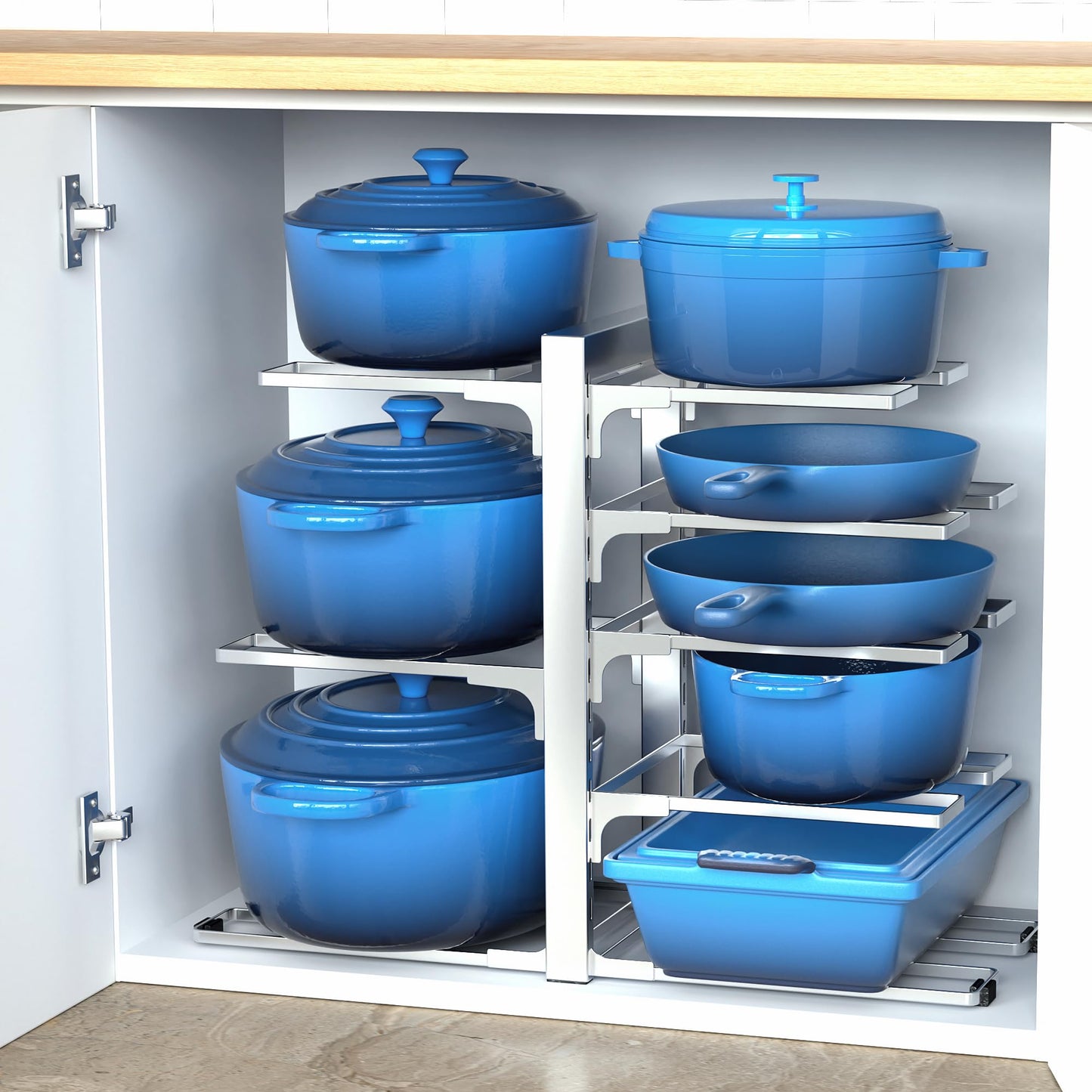 ORDORA Pots and Pans Organizer for Cabinet 16.61'' Height, 8 Tier Pot Organizers Rack with 3 DIY Methods, Adjustable Pan Organizer under Cabinet Kitchen Organization and Storage