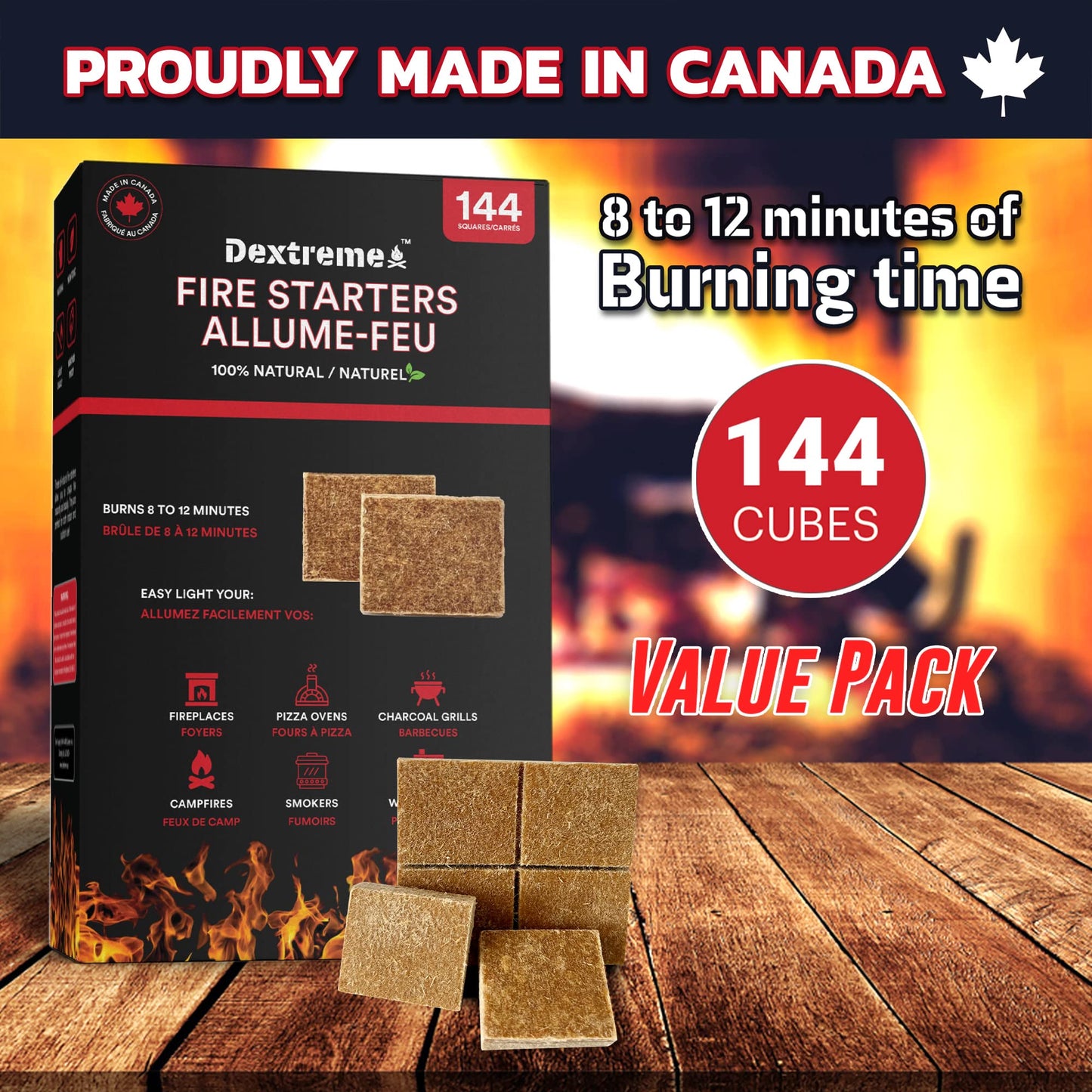Dextreme Fire Starter Pack of 144/48 Natural Fire Starters Cubes for Campfires, Charcoal, BBQ, Grill Pit, Fireplace, Wood Stoves, Smokers and Camping - Easy to Ignite and Non Toxic… (144 Squares)