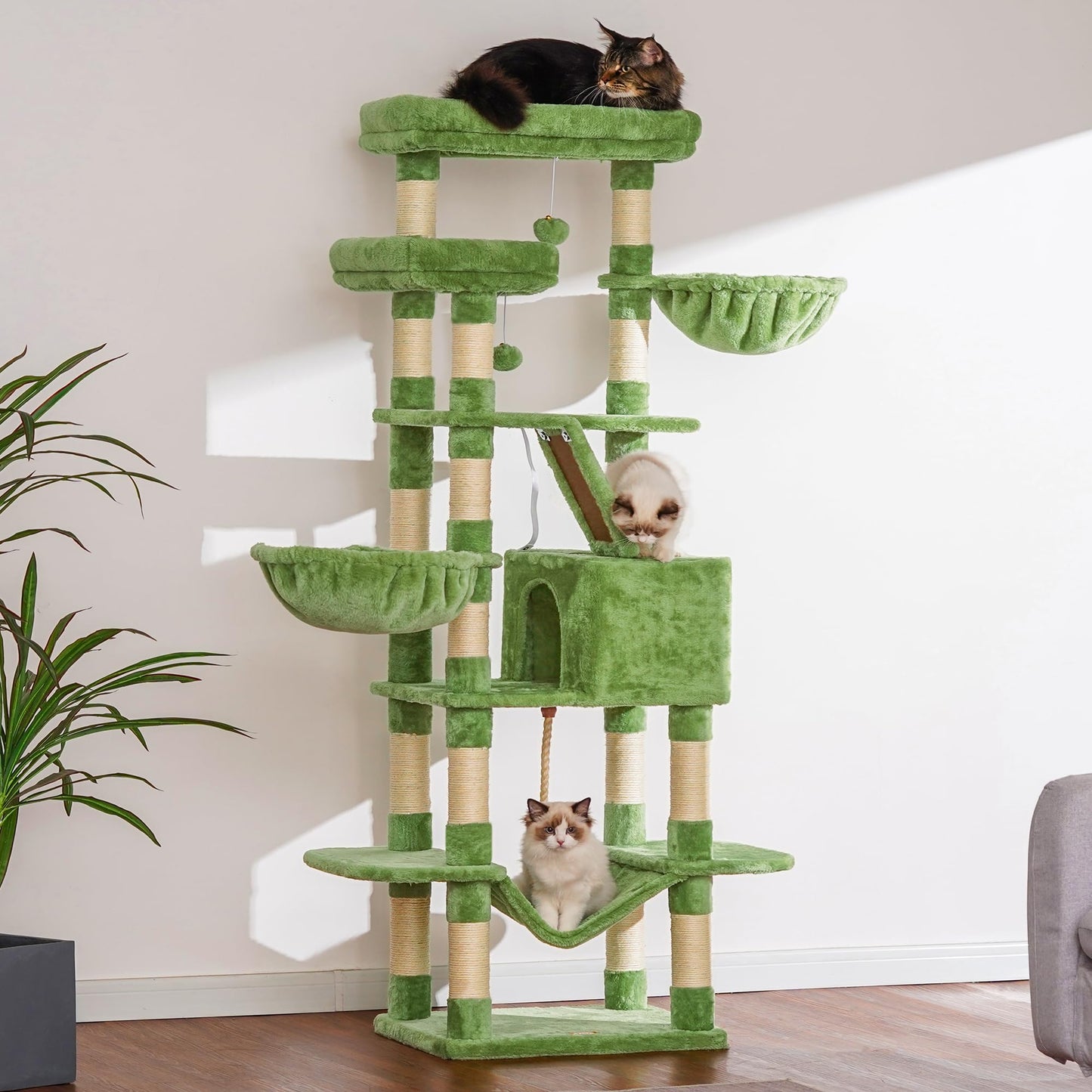 Heybly Cat Tree, 68 inch Multi-Level Cat Tower for Indoor Cats, 2 Widened Plush Perches Cat Condo with Scratching Board and Big Caves, Green HCT025GR