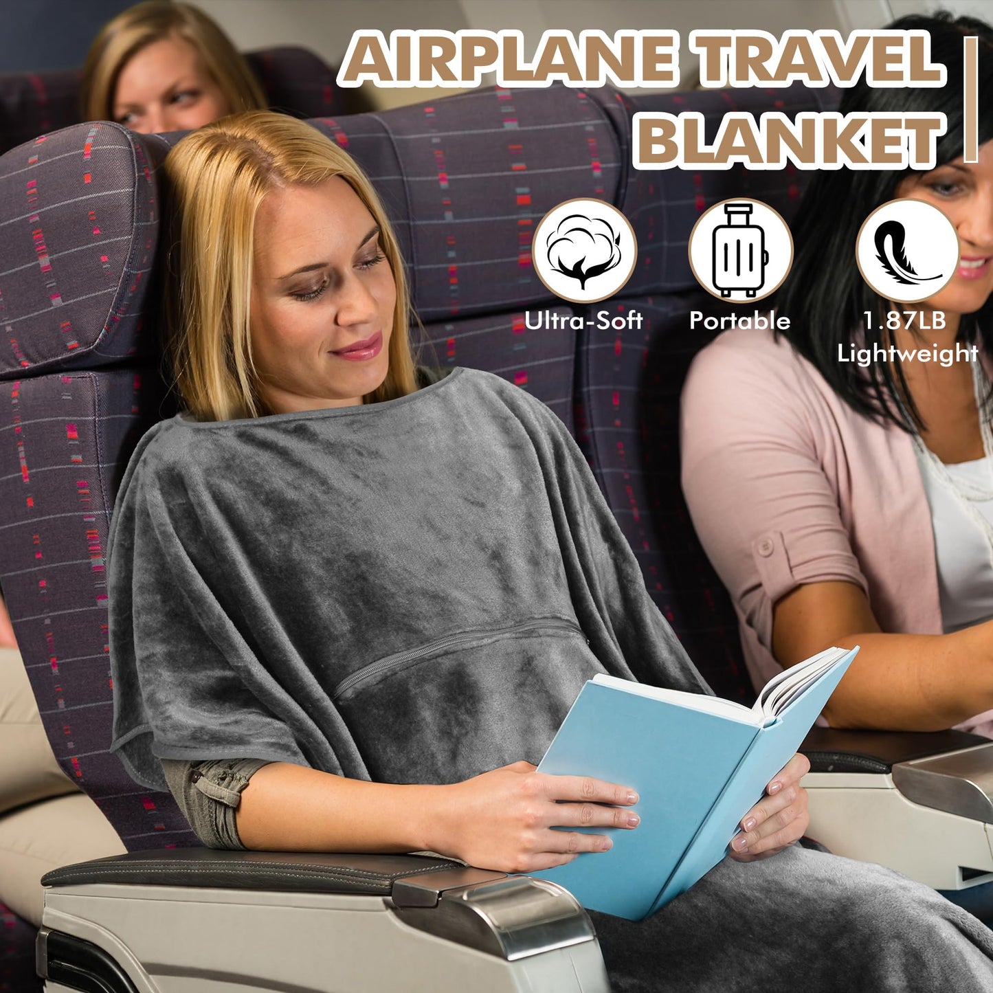 Tirrinia Travel Blanket Airplane Office Poncho 4 in 1 Premium Cozy Fleece Portable Poncho Blankets with Built-in Bag, Pocket