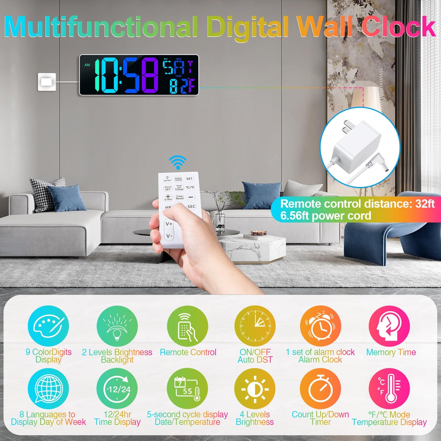 Large Digital Wall Clock Large Display 17.2" Big Digital Timer with 9 Groups Timer Remote Control for Gym Classroom 10 Colors Available for LED Wall Clock with Temperature Date Week DST Dynamic RGB