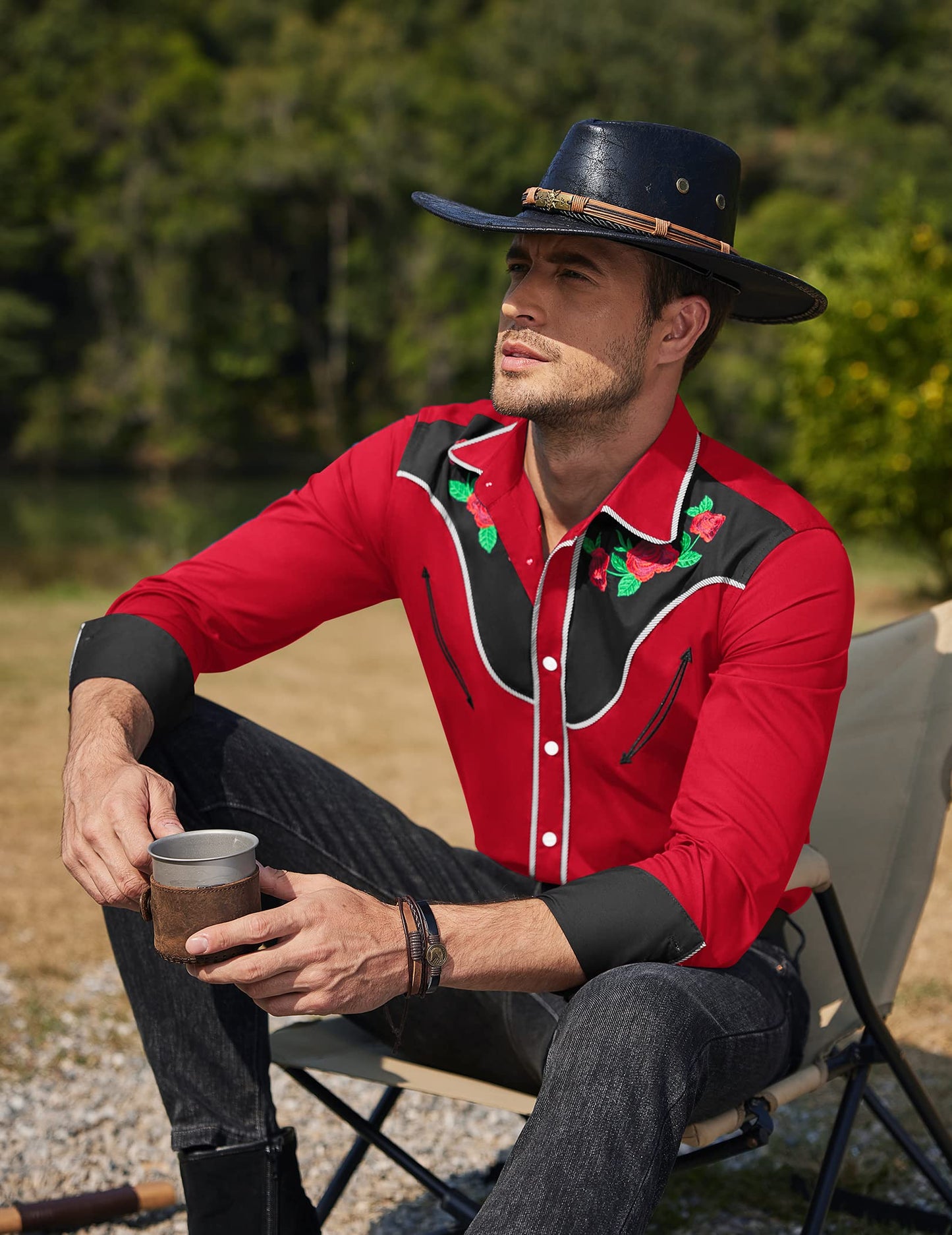 COOFANDY Men's Western Cowboy Embroidered Shirts Long Sleeve Slim Fit Cotton Casual Button Down Shirt