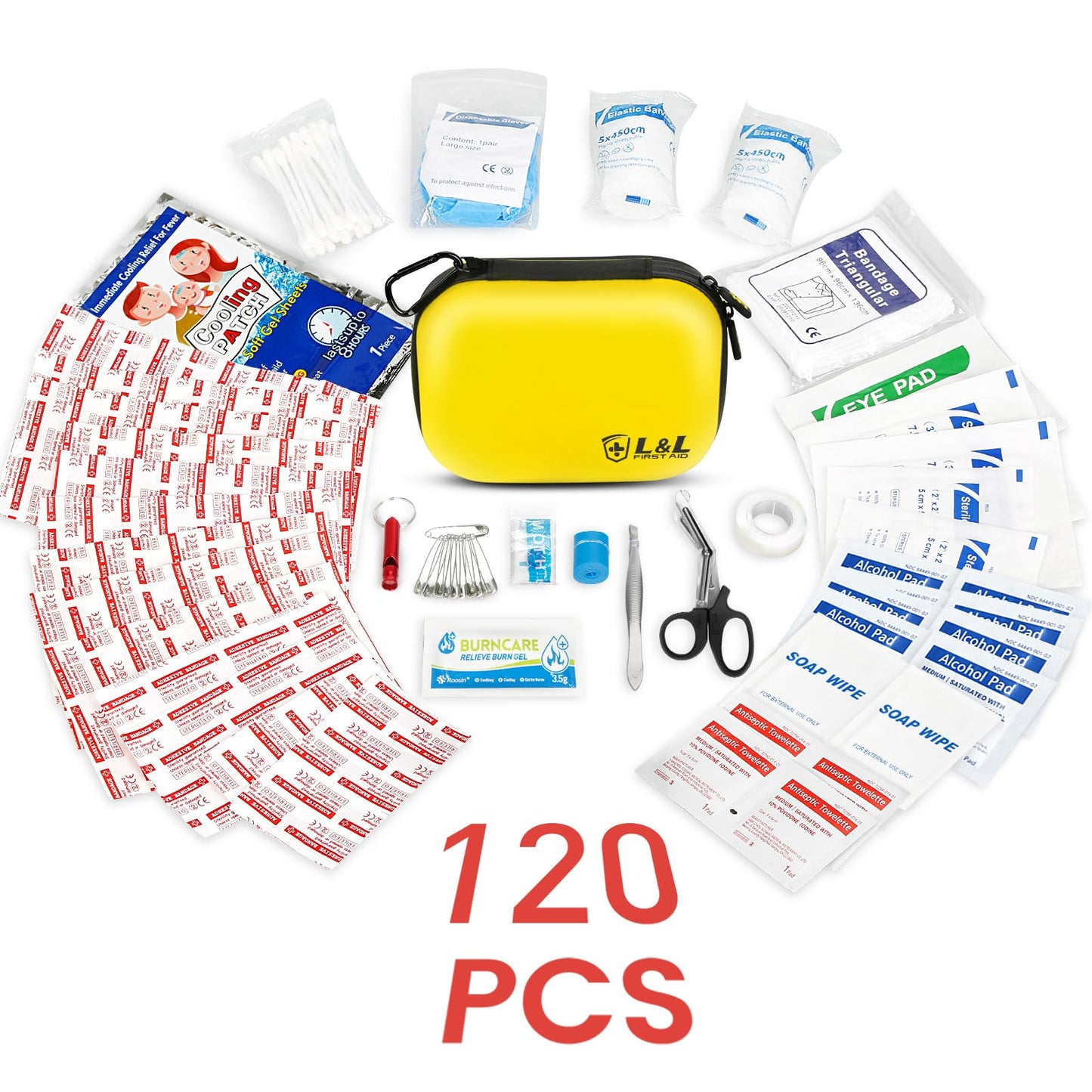 120-Piece First Aid Kit for Travel,Car & Emergency Survival - Compact Waterproof Medical Supplies with Trauma Bandages,Burn Gel & Fever Cooling Patch | Portable for Camping,Hiking,Sports(Yellow)