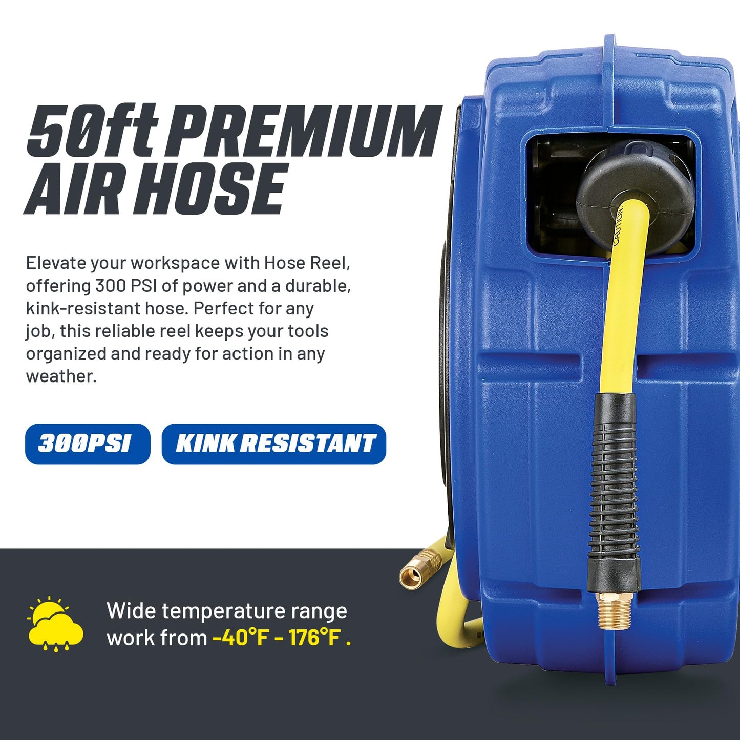 Goodyear Air Hose Reel Retractable 3/8" Inch x 50' Foot Hybrid Polymer Hose Max 300PSI Commerical Polypropylene Construction