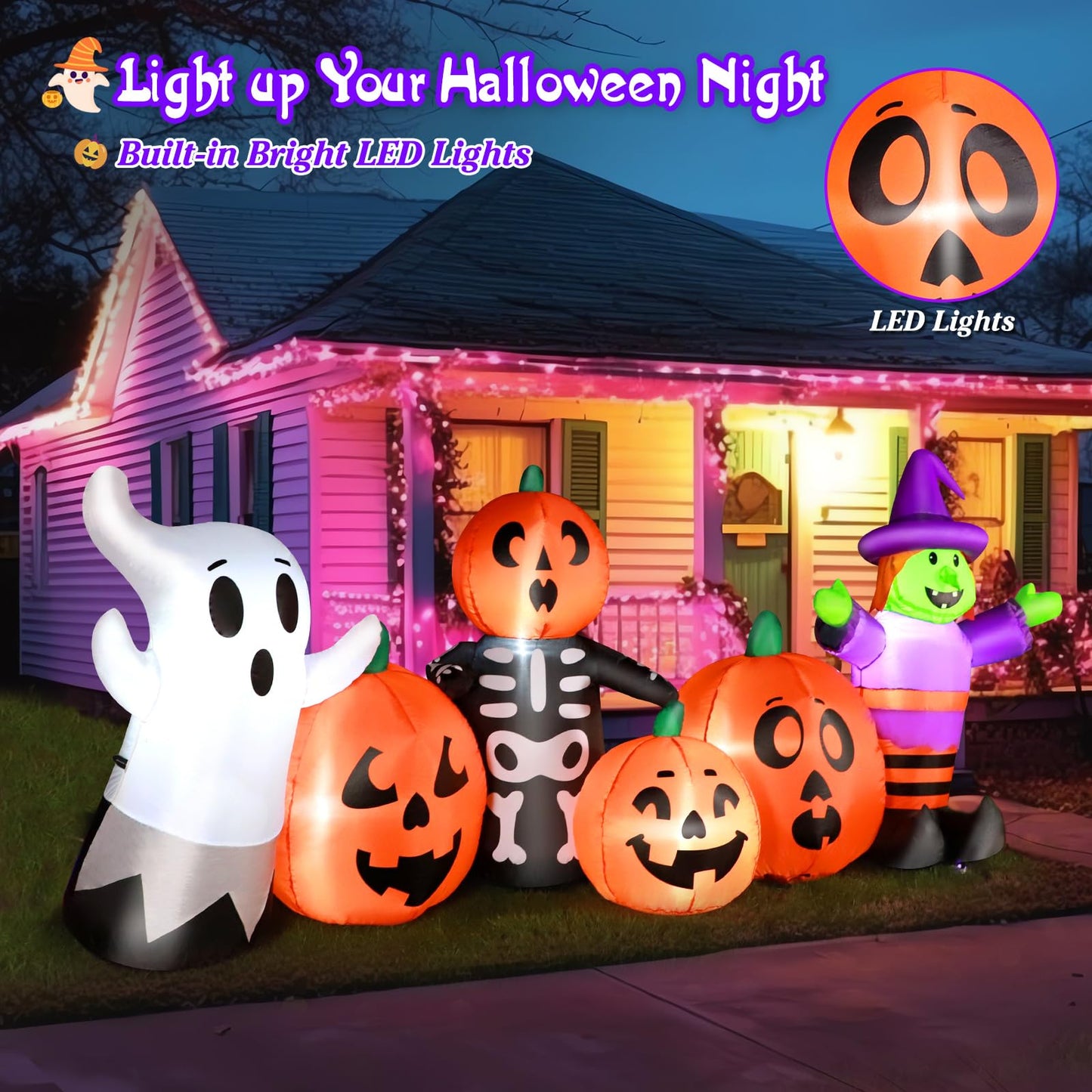 8FT Length Halloween Inflatables Pumpkin Outdoor Decoration, Witch, Ghost, with Blow Up Pumpkin Inflatables Decorations Built-in LED Lights & Powerful Air Blower for Party Garden Halloween Decor