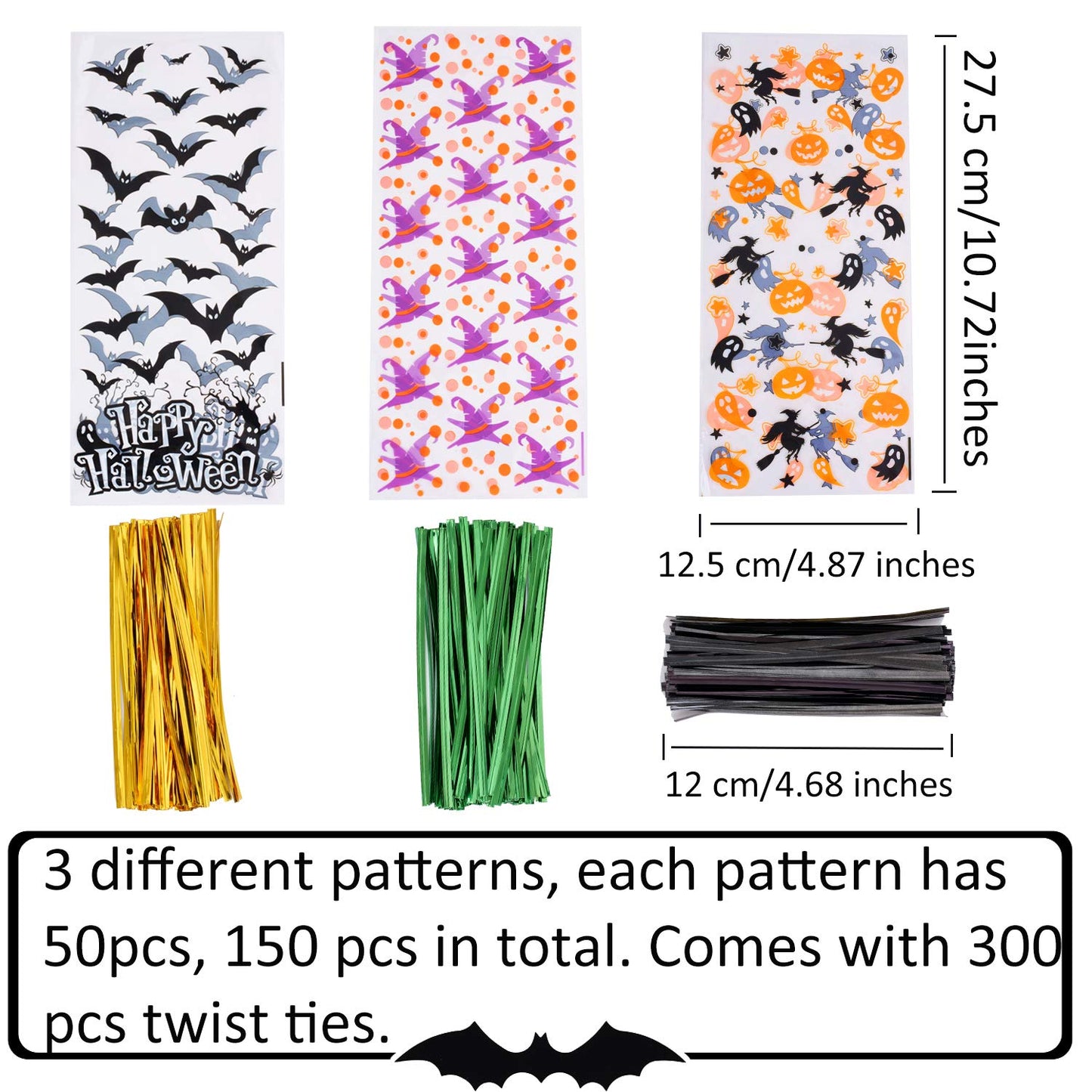 DIYASY 150 Pcs Halloween Cellophane Treat Bags, Clear Candy Bags Plastic Bats Pumpkin Bag Witch Goody Bag with 300 Twist Ties for Kids Party Favor