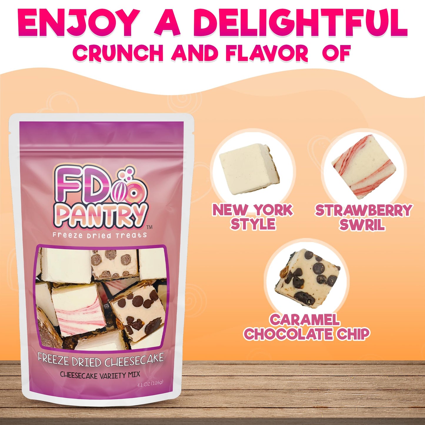 Freeze Dried Cheesecake Bites New York Style 4.1oz - Caramel, Chocolate Chip and Strawberry Cheesecake Swirl Freeze Dried Dessert - Mini Chocolate Cheesecake Bites in Resealable Bag - Ideal Gift Snack