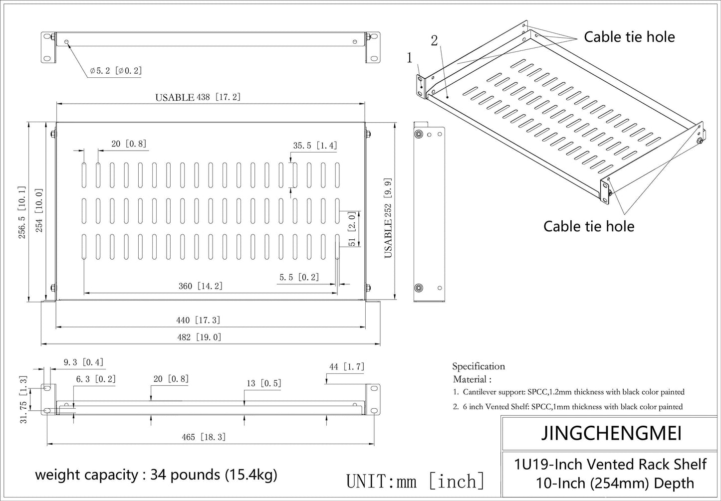 Jingchengmei 2 Pack of 1U Disassembled Vented Cantilever Server Rack Mount Shelf 10" (254mm) Deep for 19" Network Cabinet or Equipment Rack (10V2PC)